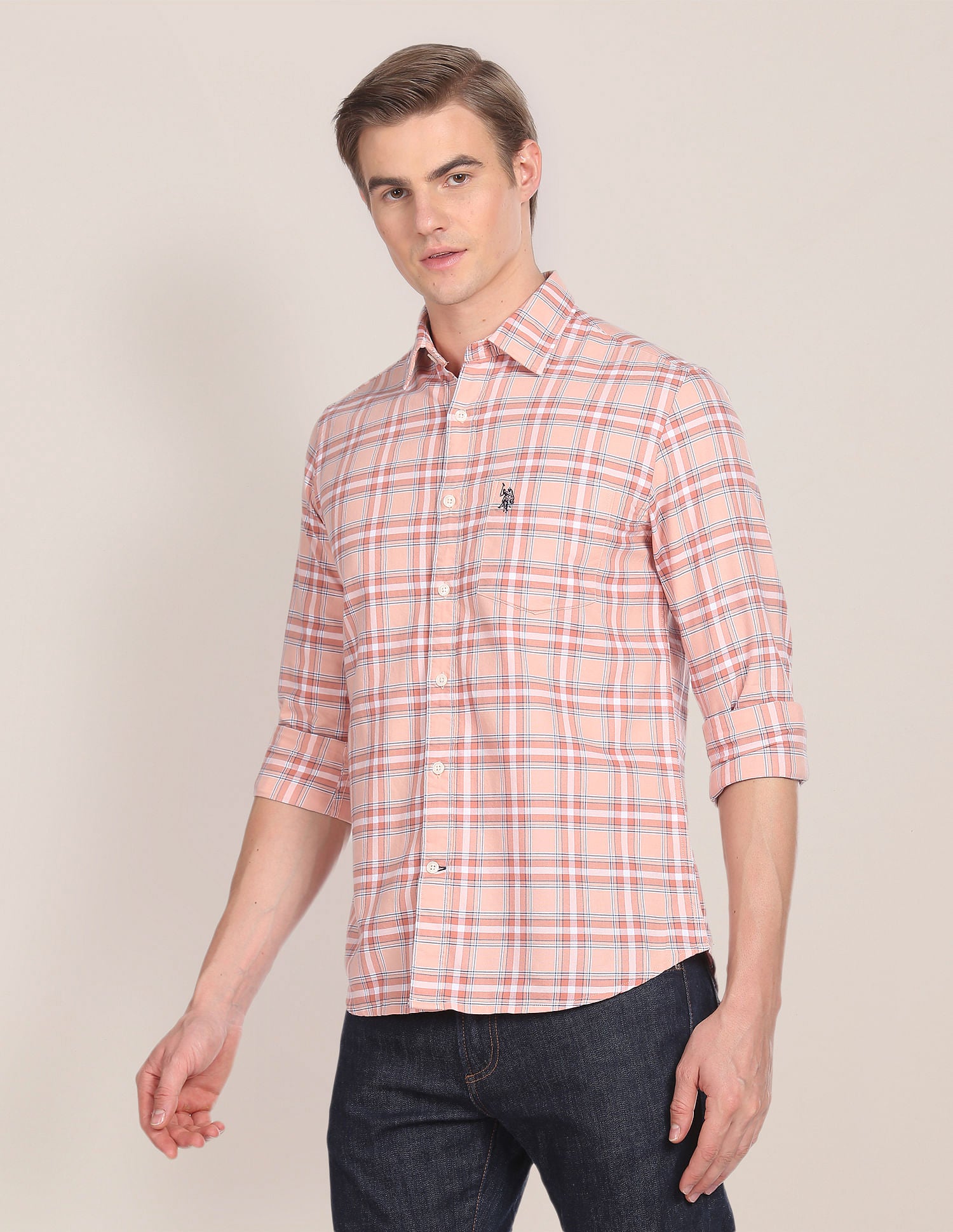 Spread Collar Tartan Check Shirt Peach - U.S. Polo Assn. India | Large