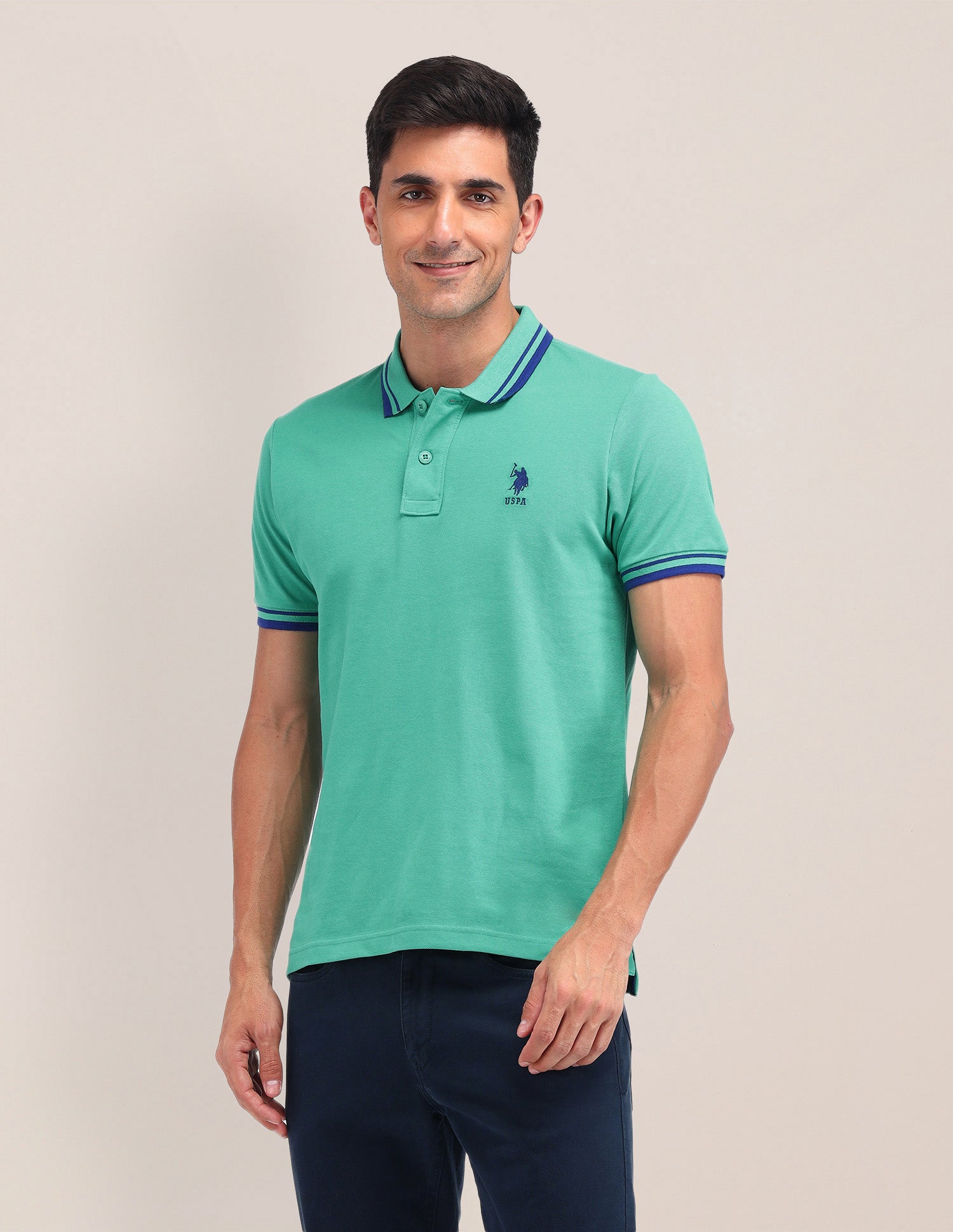 Solid Pattern Cotton Polo Shirt Green - U.S. Polo Assn. India | Large