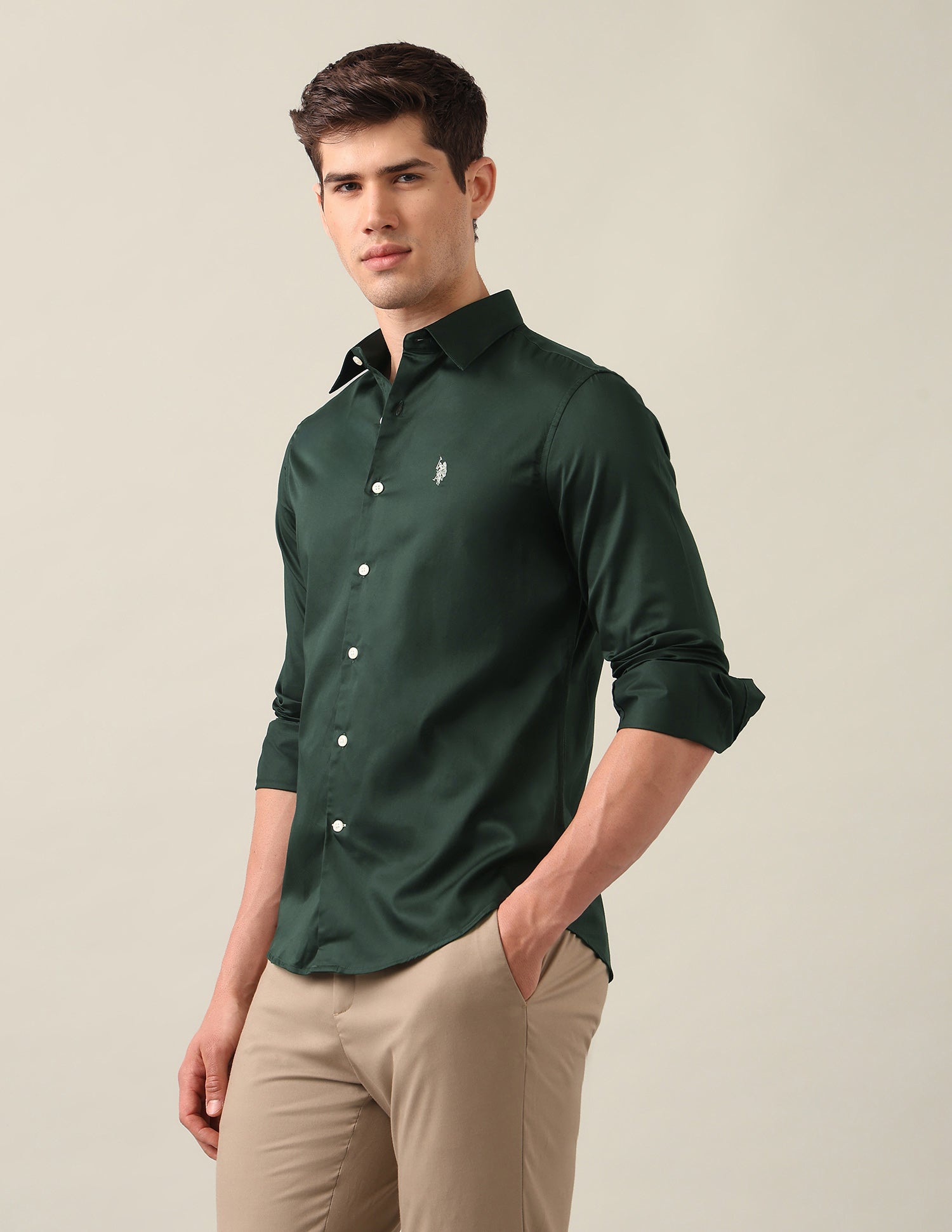 Satin Tailored Fit Shirt Dark Green - U.S. Polo Assn. India | Large