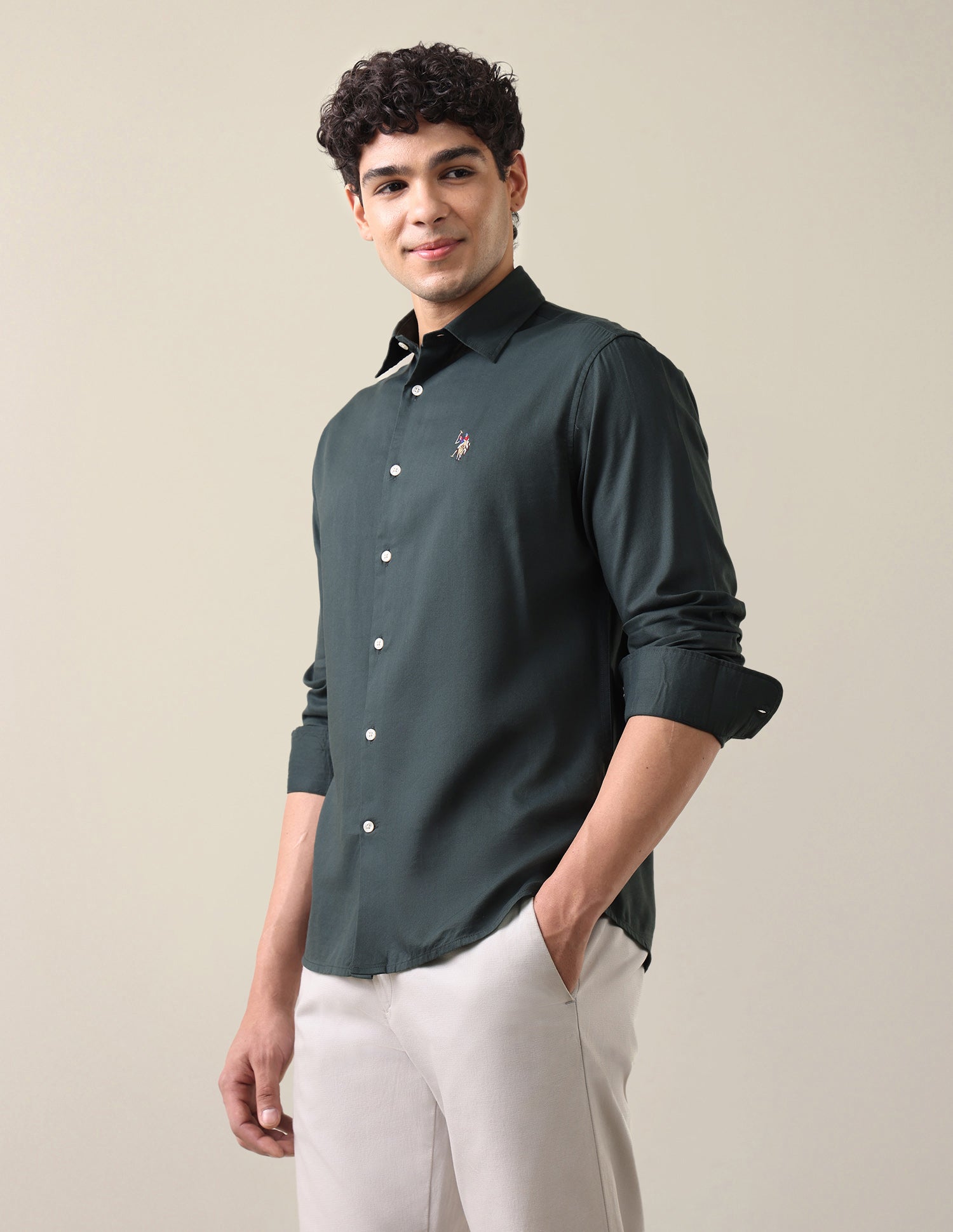 Twill Regular Fit Shirt Dark Green - U.S. Polo Assn. India | Large