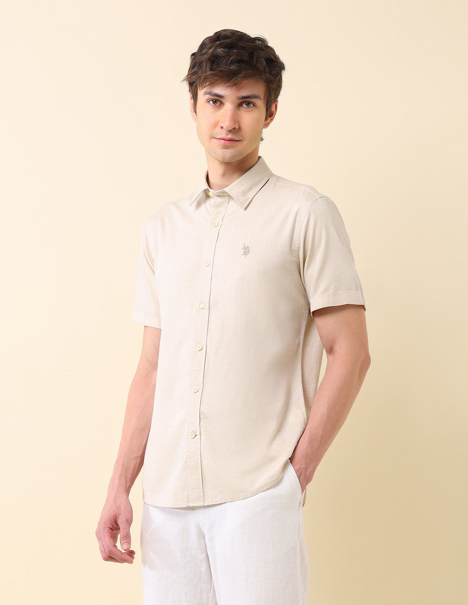 Solid Tailored Fit Pure Cotton Shirt Beige - U.S. Polo Assn. India | Large