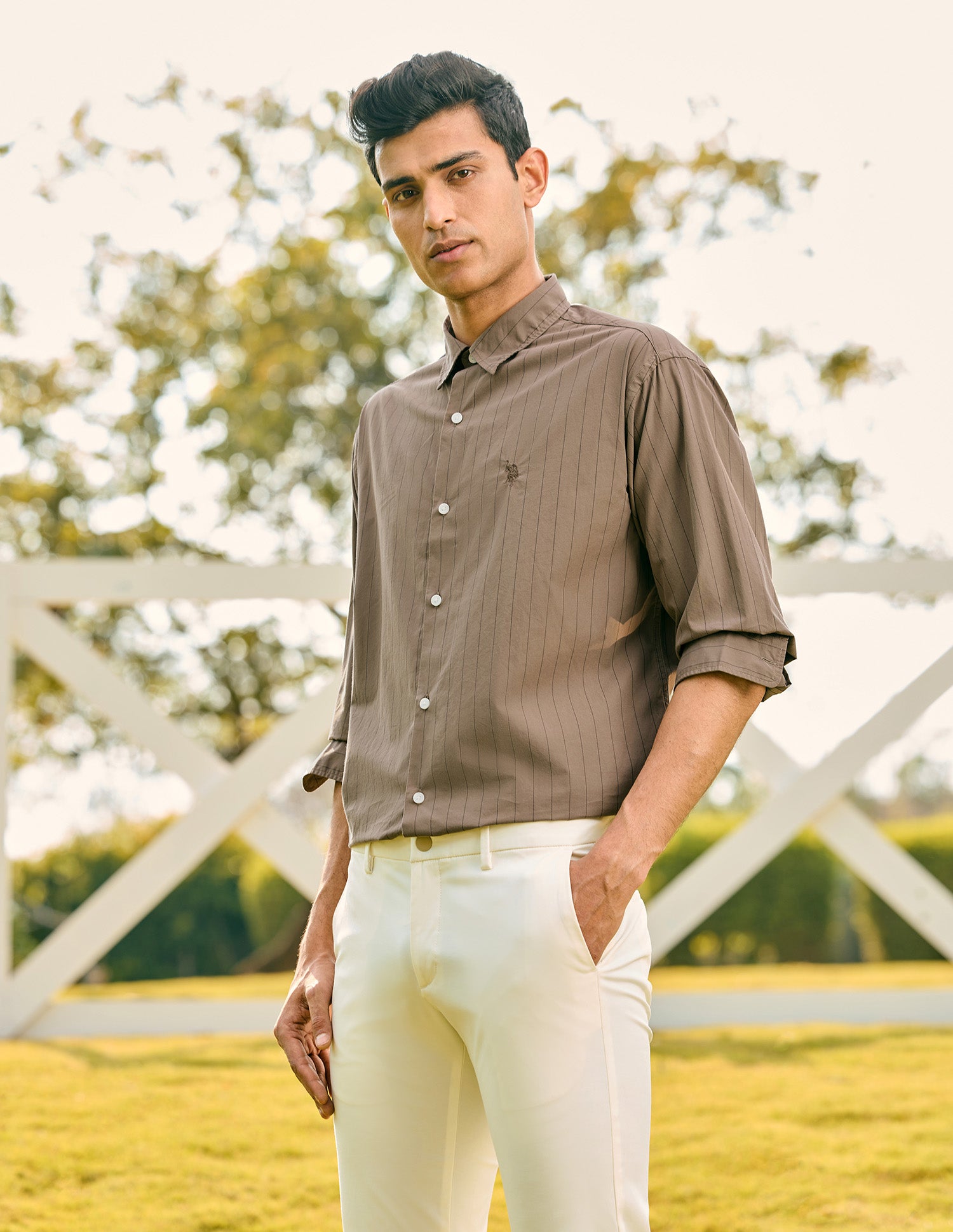 Pacho X Vertical Striped Tailored Fit Shirt Brown - U.S. POLO ASSN. | Large