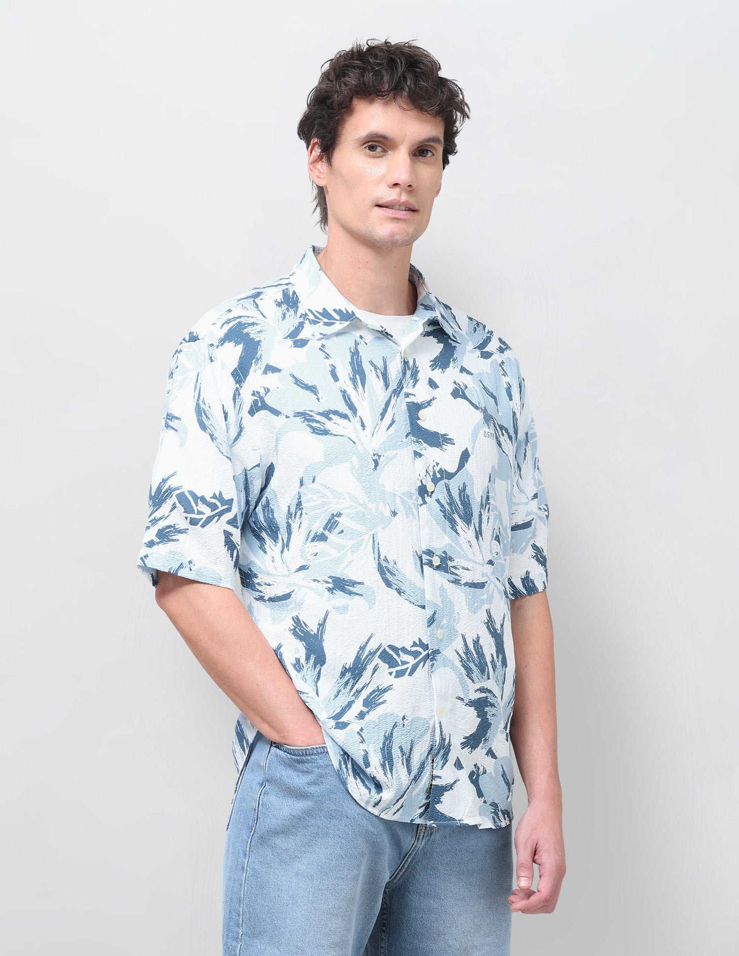 Floral Printed Seersucker Shirt Light Blue - U.S. Polo Assn. India | Large