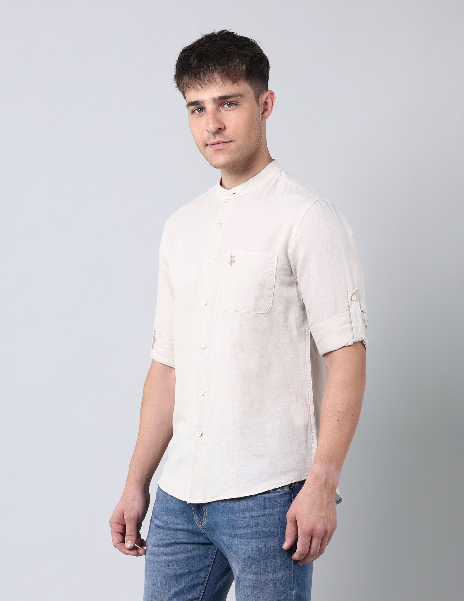 Solid Regular Fit Poplin Shirt Light Beige - U.S. Polo Assn. India | Large