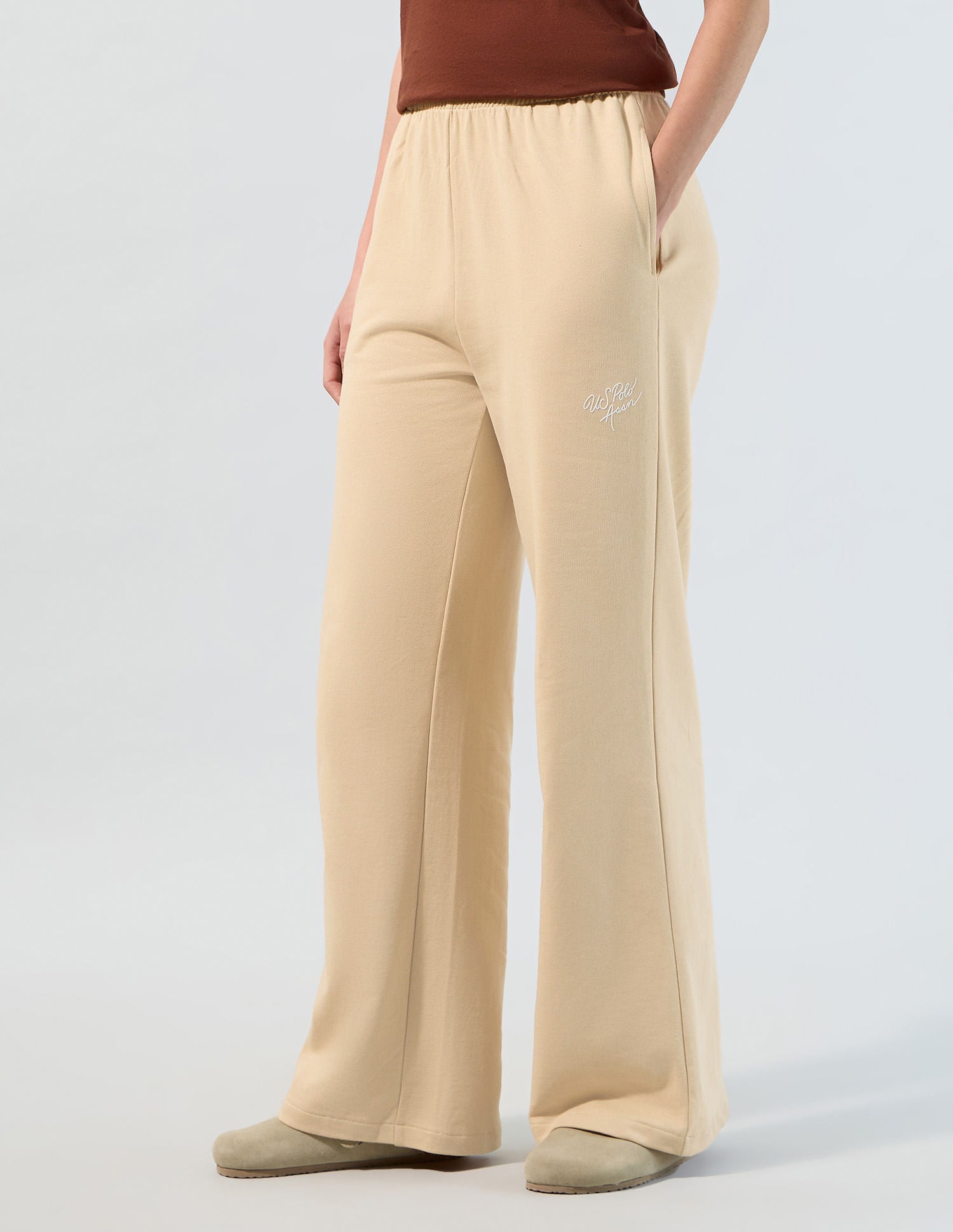 Wide Leg Fit Solid Trousers Beige - U.S. POLO ASSN. | Large