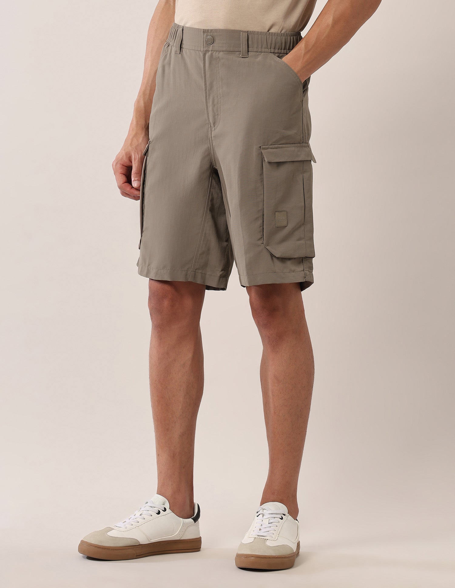 Solid Regular Fit Cargo Shorts Khaki - U.S. Polo Assn. India | Large