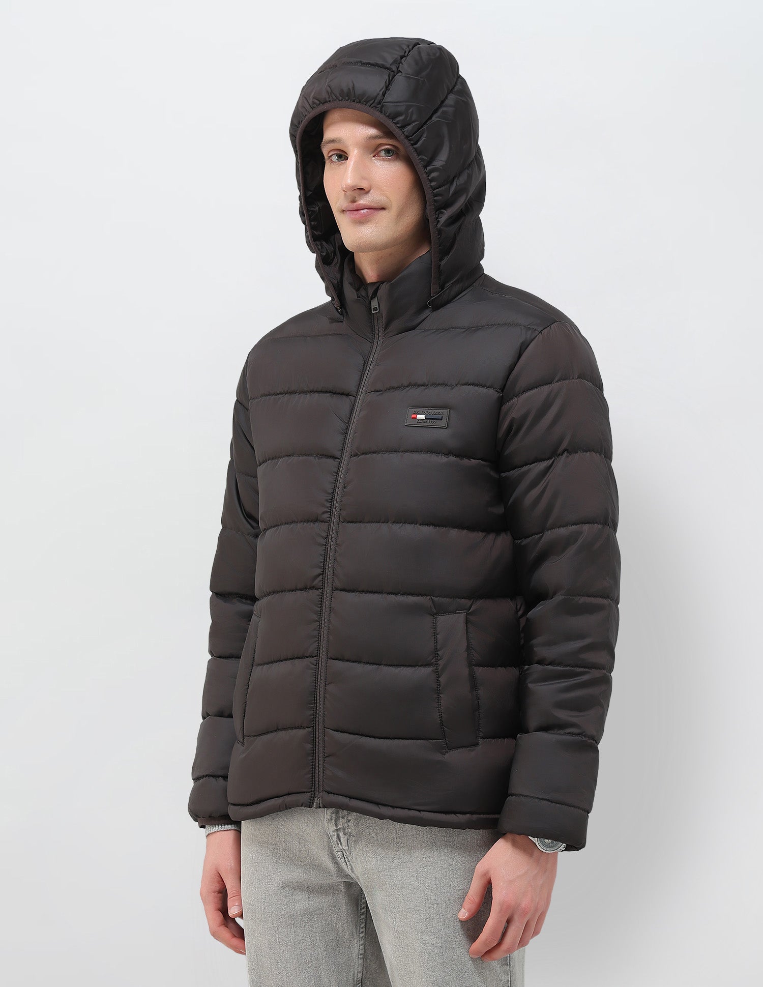 Removable Hood Solid Puffer Jacket Dark Brown - U.S. Polo Assn. India | Large