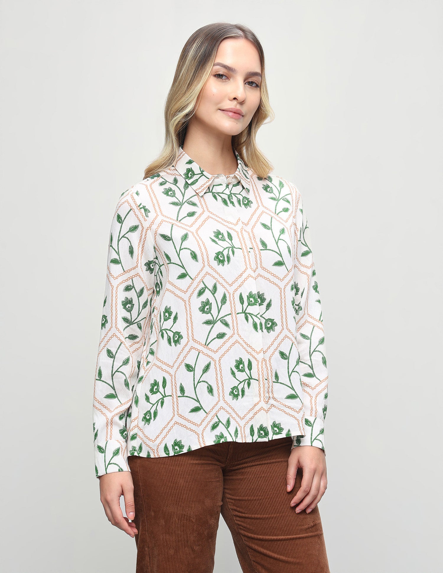 Floral Embroidered Regular Fit Shirt Off White - U.S. Polo Assn. India | Large