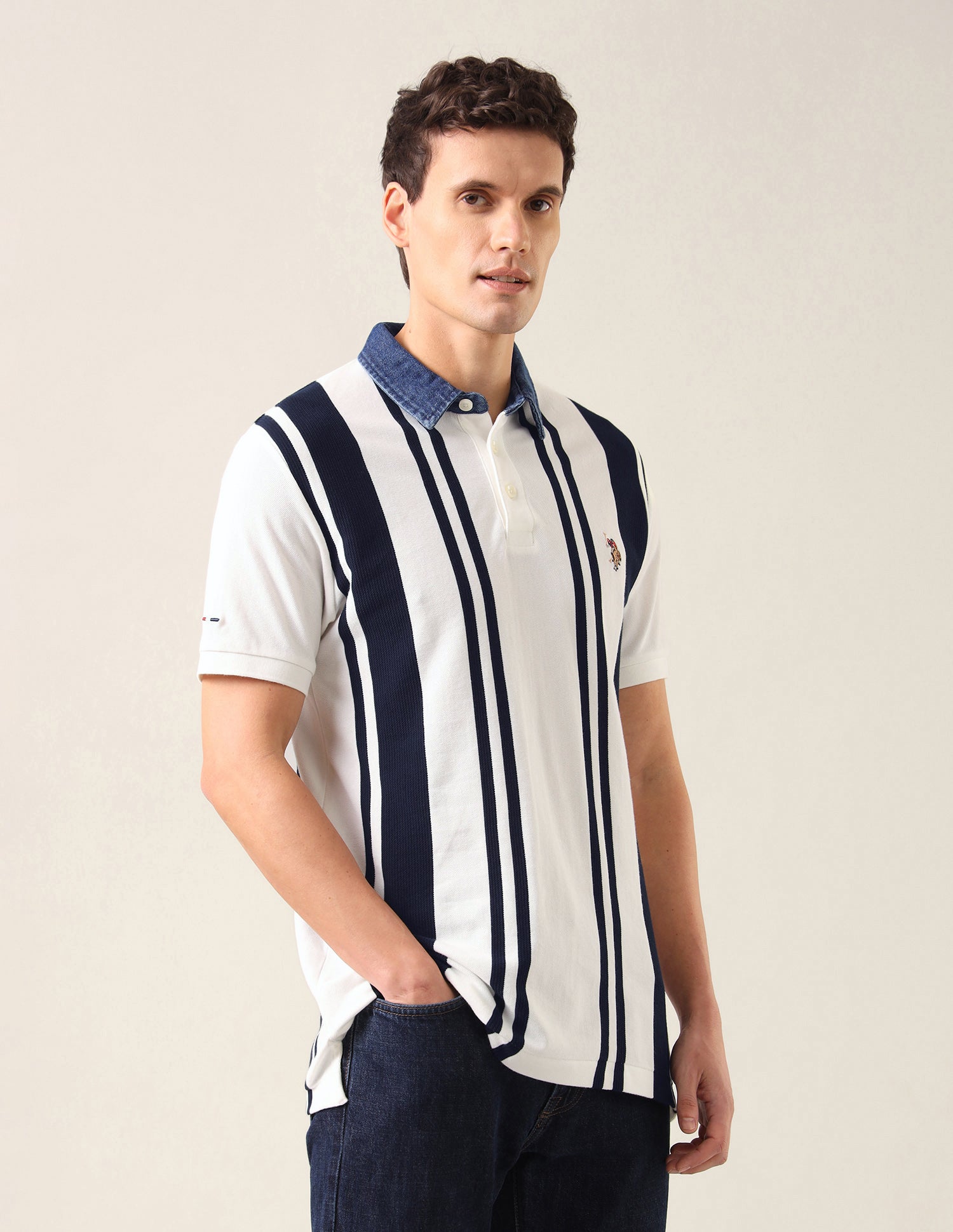 Vertical Striped Slim Fit Polo Shirt Ivory - U.S. Polo Assn. India | Large
