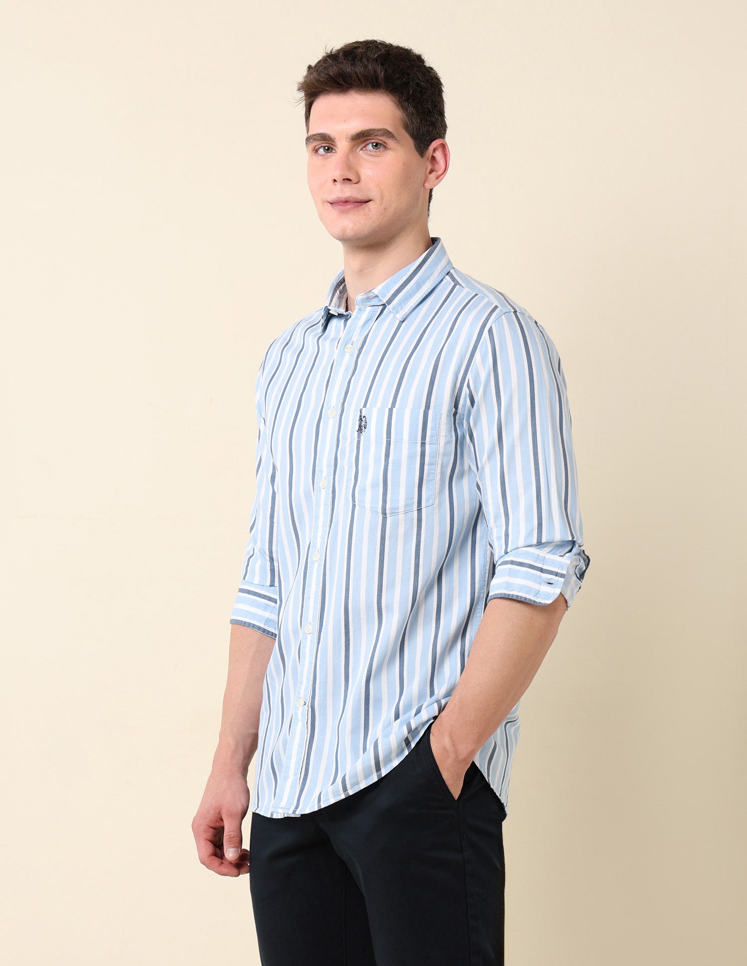 Vertical Striped Pure Cotton Shirt Light Blue - U.S. Polo Assn. India | Large