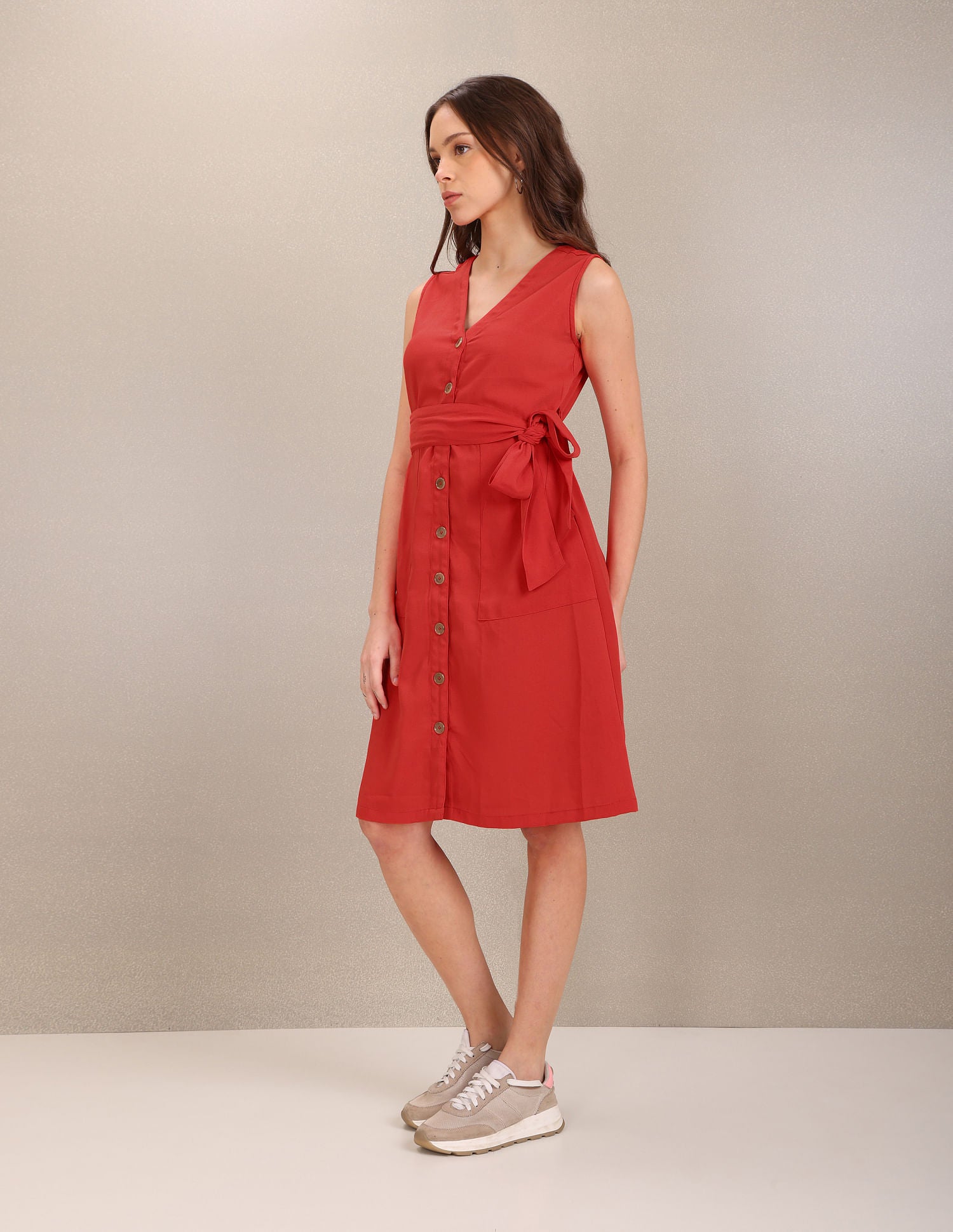 V-Neck Solid Fit And Flare Dress Red - U.S. Polo Assn. India | Large