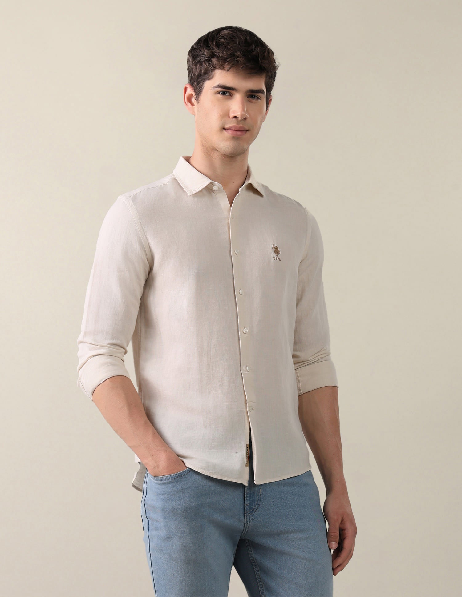 Solid Regular Fit Shirt Beige - U.S. Polo Assn. India | Large