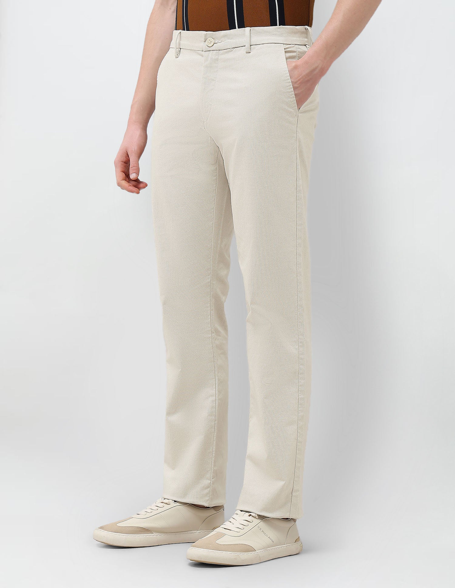 Textured Riley Straight Fit Trousers Beige - U.S. Polo Assn. India | Large