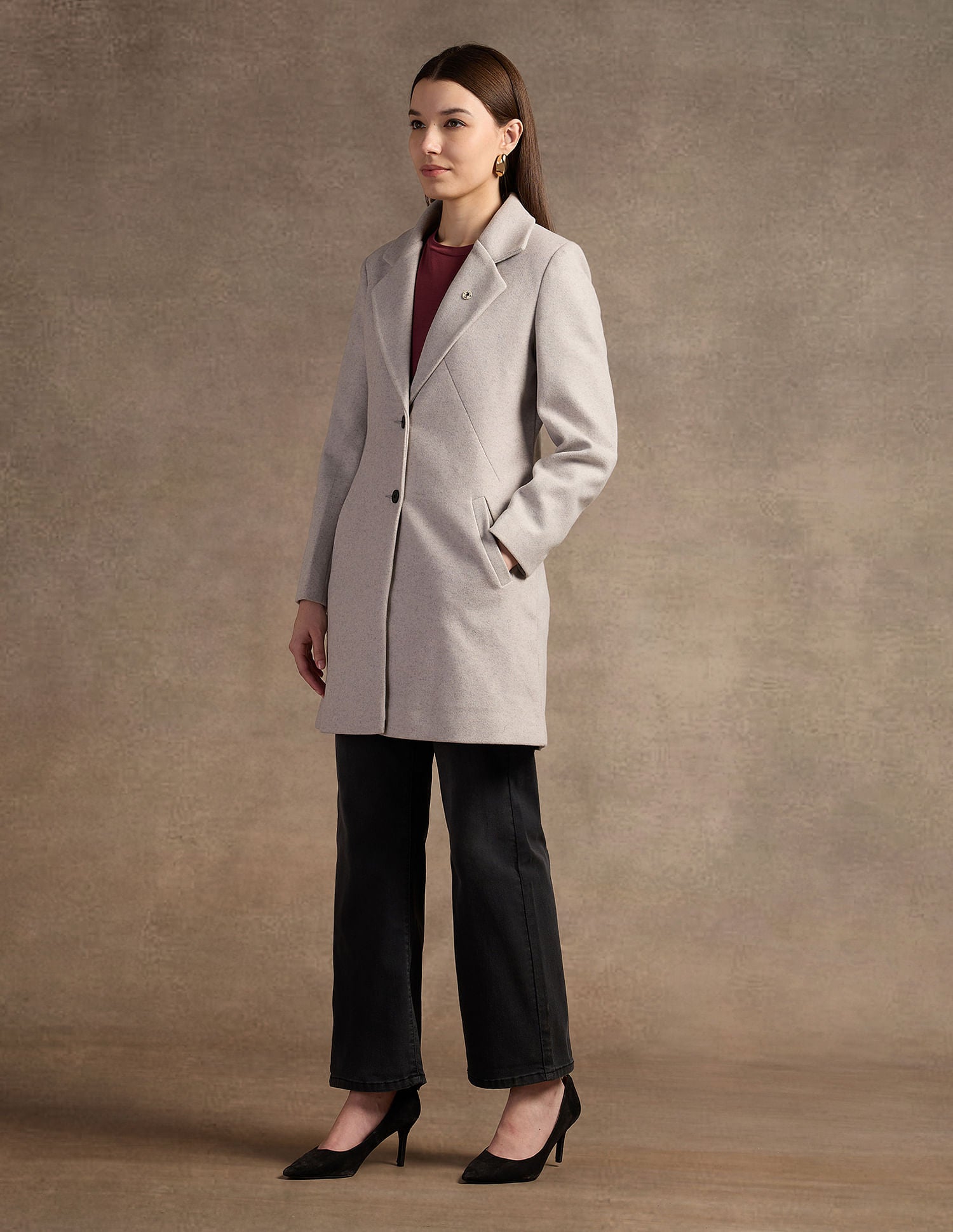 Lapel Collar Longline Felt Jacket Off White - U.S. Polo Assn. India | Large