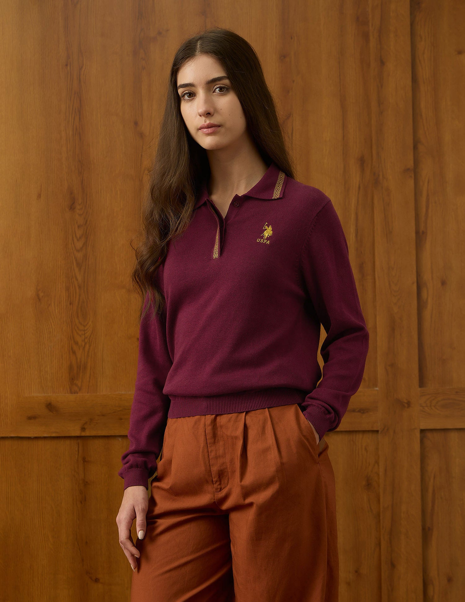 Regular Fit Polo Collar Sweater Wine - U.S. POLO ASSN. | Large