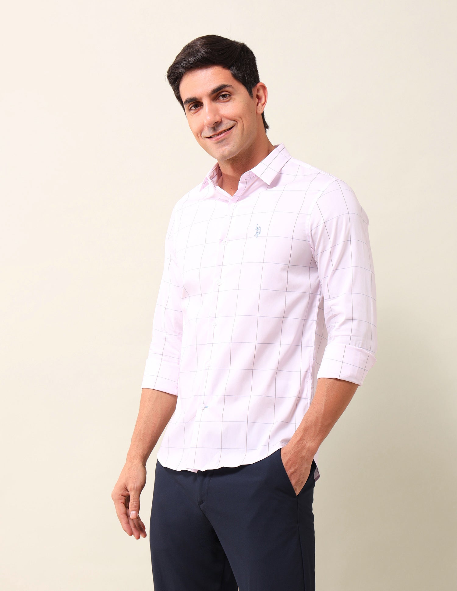 Windowpane Checked Tailored Fit Shirt Light Pink - U.S. Polo Assn. India | Large