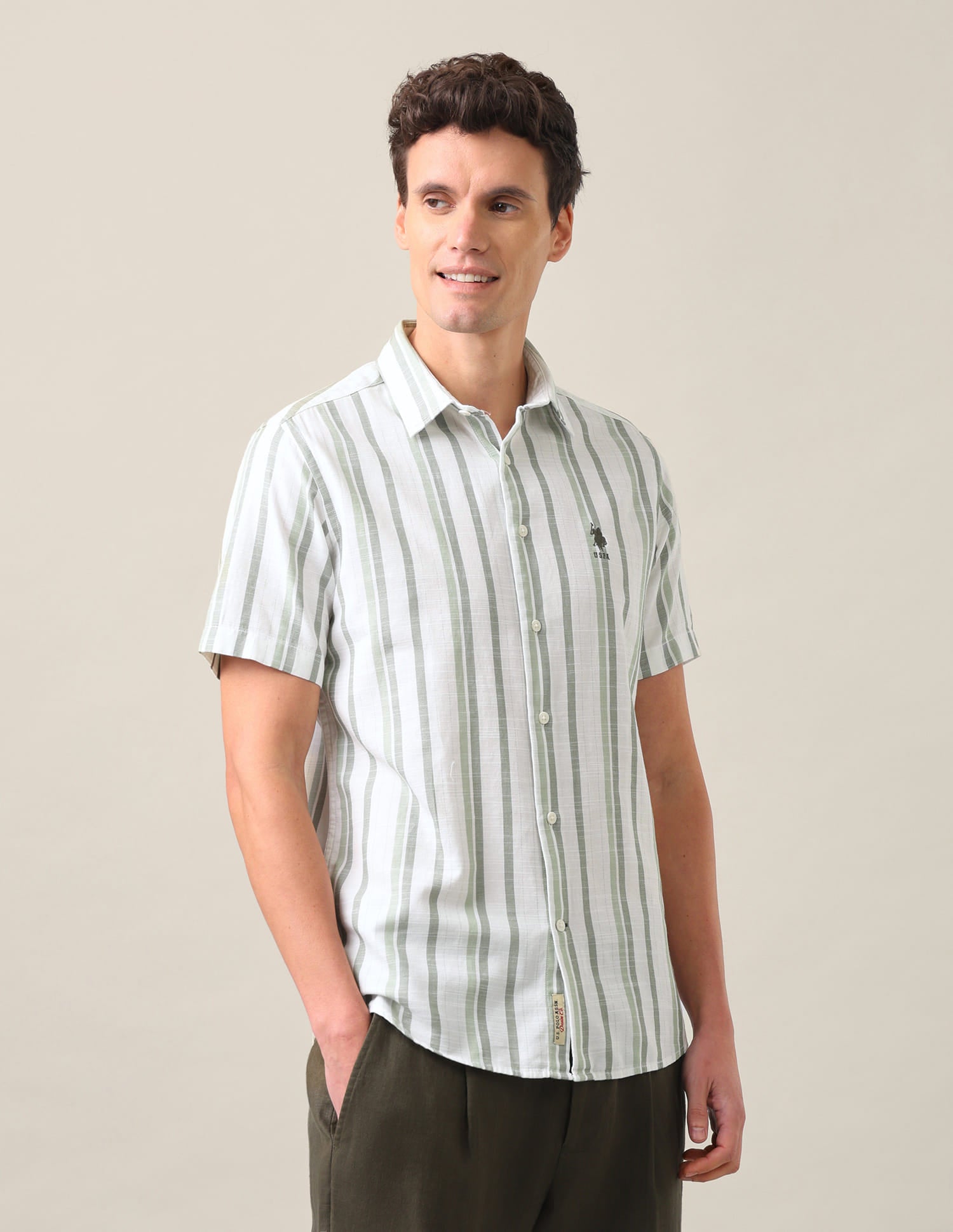 Vertical Striped Regular Fit Shirt Olive Green - U.S. Polo Assn. India | Large