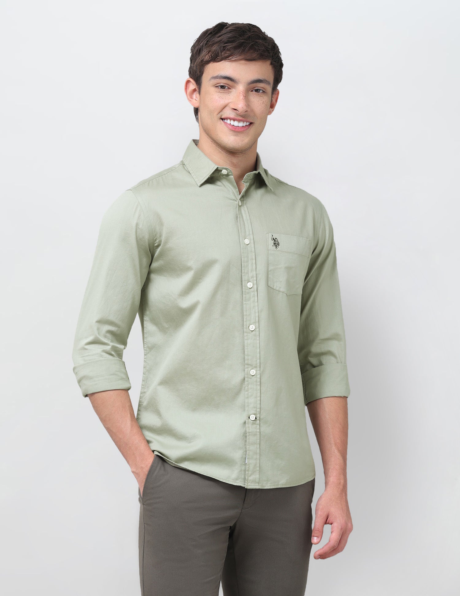 Tailored Fit Twill Shirt Light Green - U.S. Polo Assn. India | Large