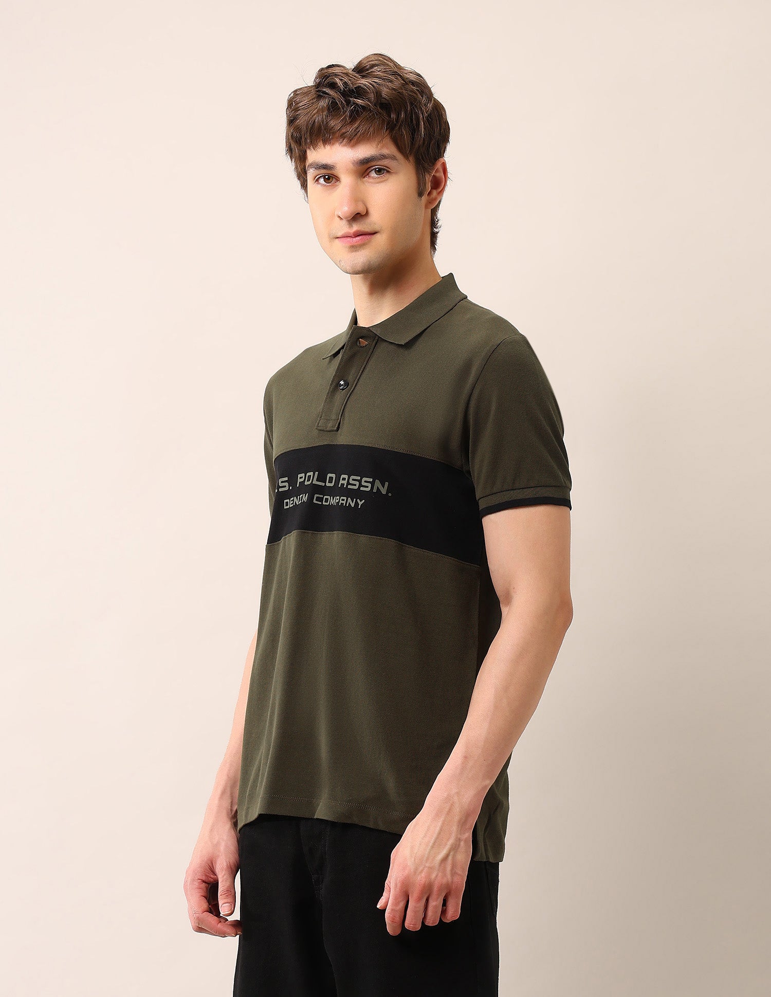 Brand Printed Pure Cotton Polo Shirt Olive - U.S. Polo Assn. India | Large