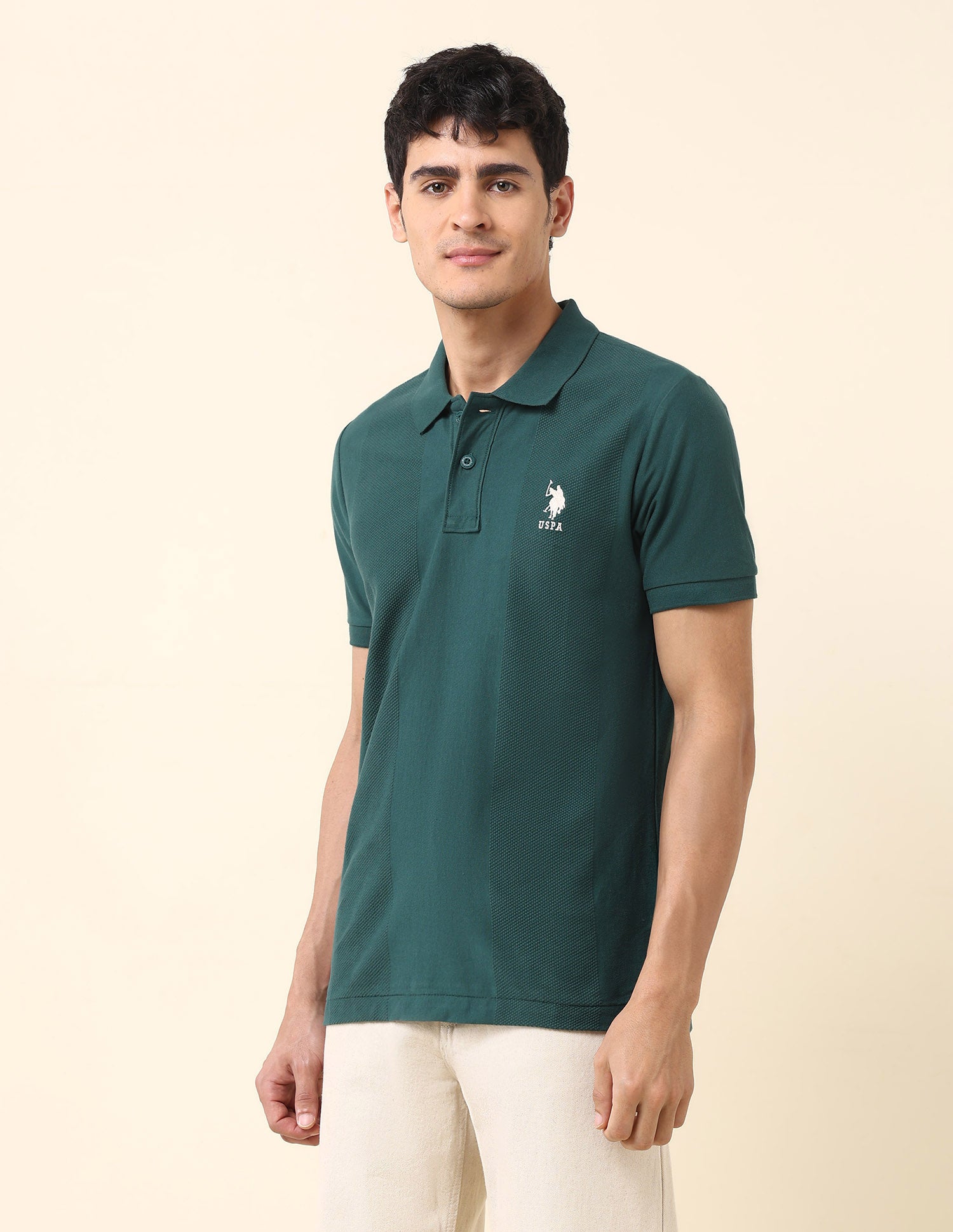 Textured Pure Cotton Classic Polo Shirt Dark Green - U.S. Polo Assn. India | Large