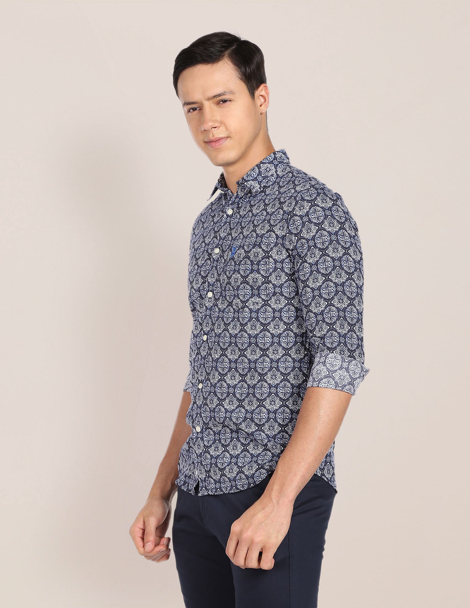 Spread Collar Printed Cotton Casual Shirt Navy - U.S. POLO ASSN. | Large