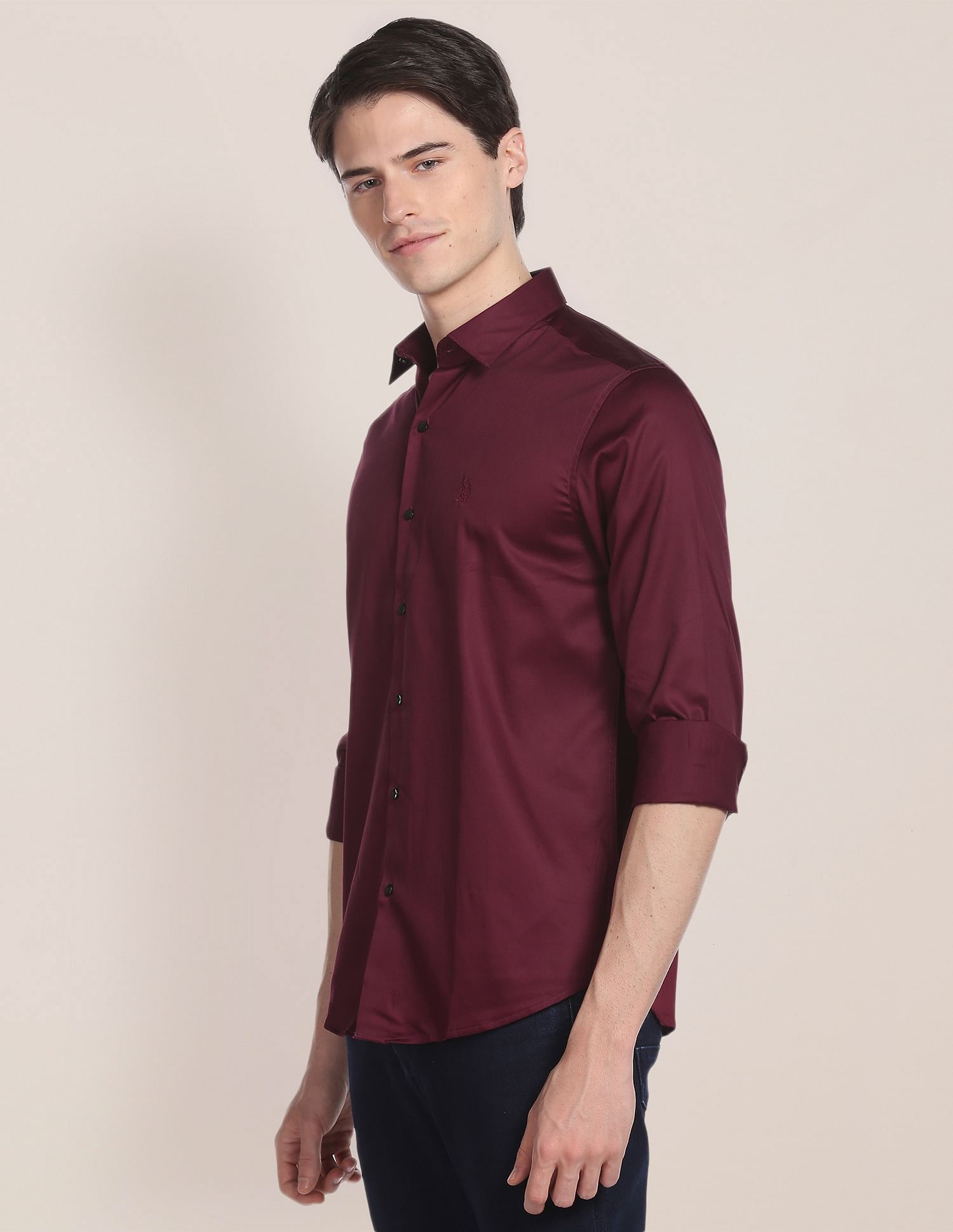 Spread Collar Solid Casual Shirt Burgundy - U.S. POLO ASSN. | Large