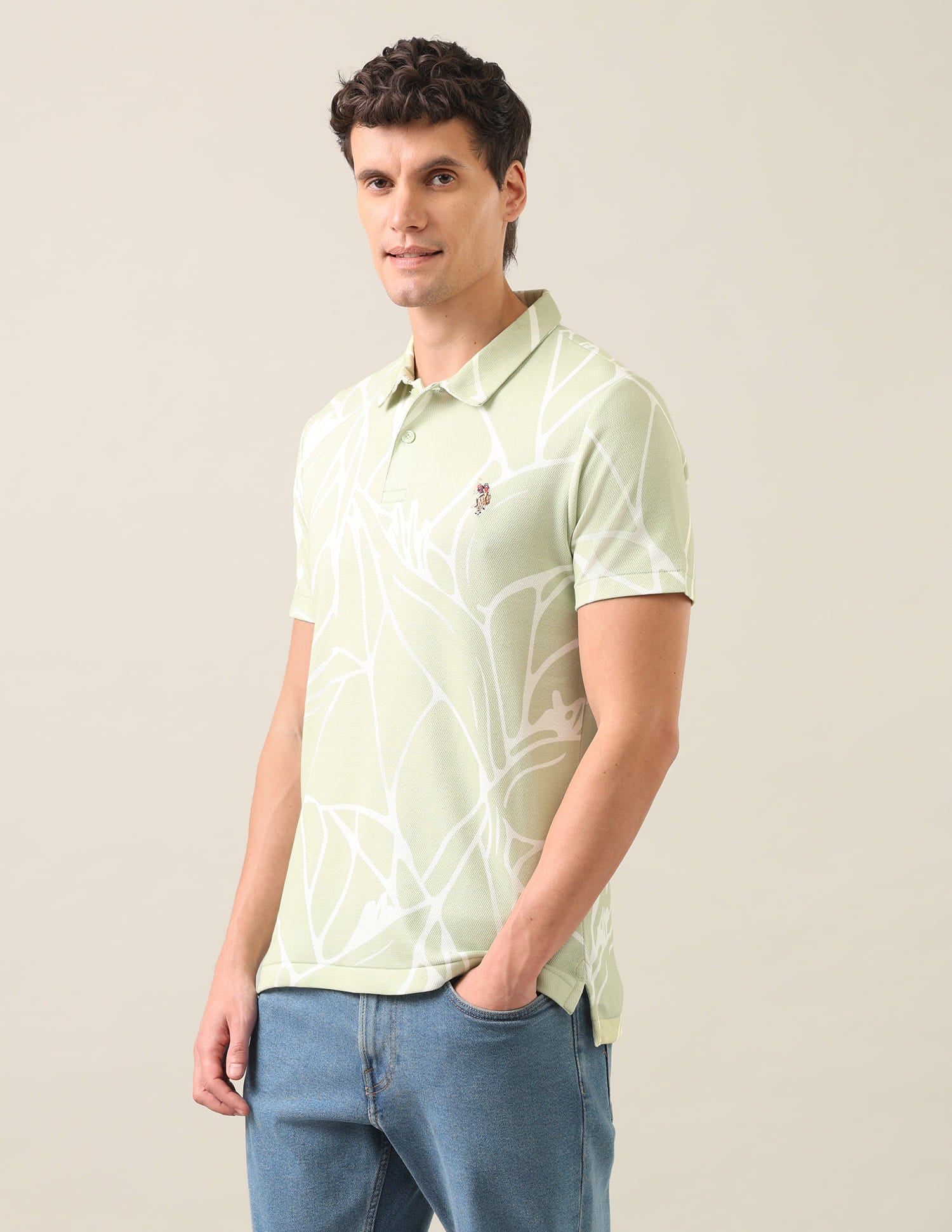Abstract Printed Slim Fit Polo Shirt Light Green - U.S. Polo Assn. India | Large