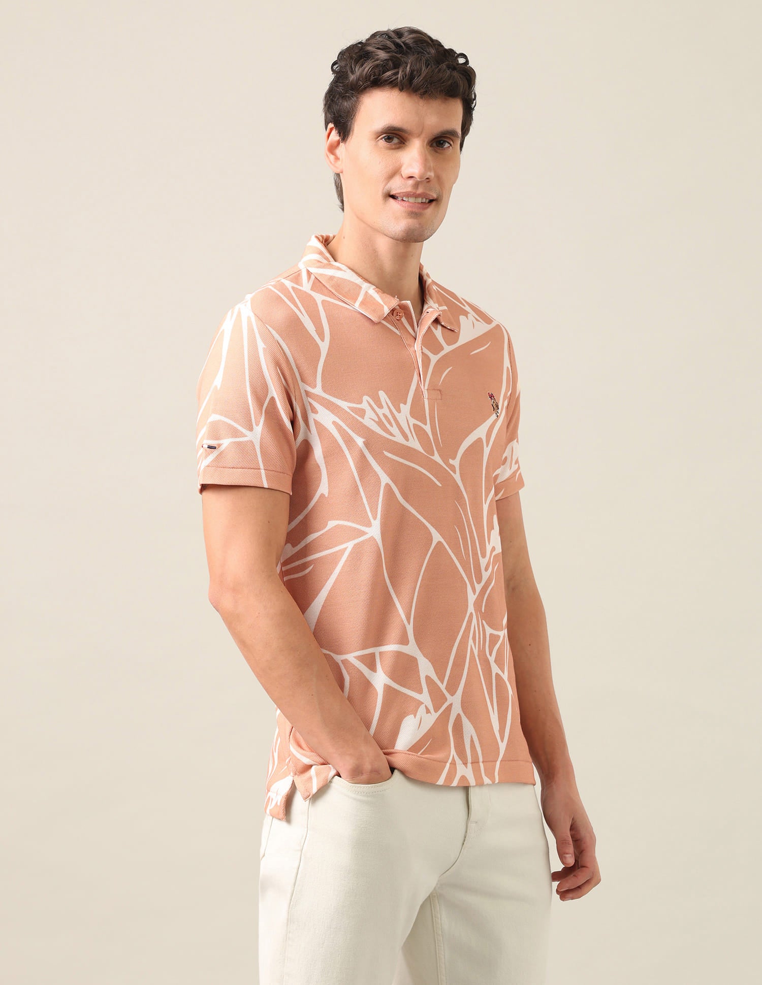 Abstract Printed Slim Fit Polo Shirt Light Orange - U.S. Polo Assn. India | Large