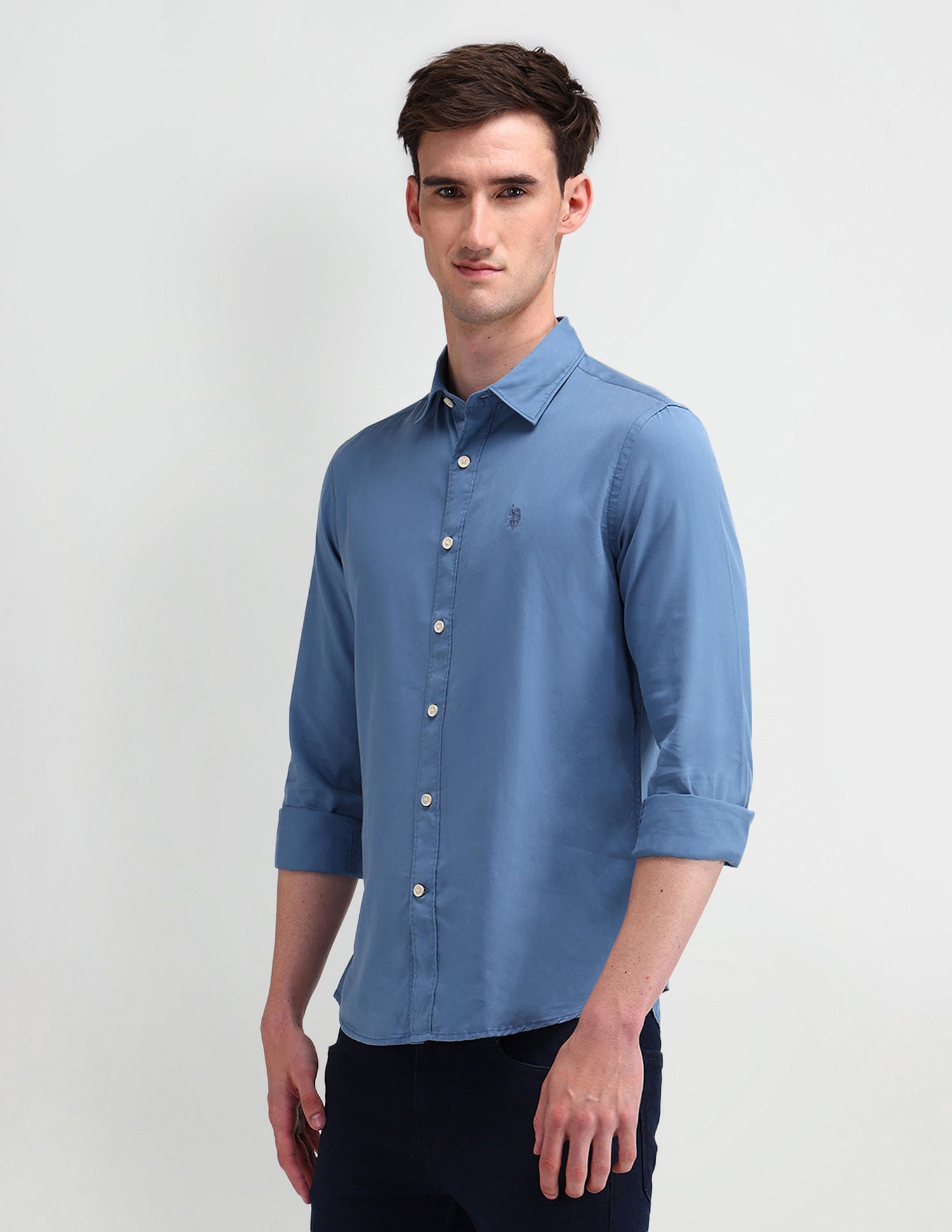 Slim Fit Solid Shirt Light-Blue - U.S. Polo Assn. India | Large