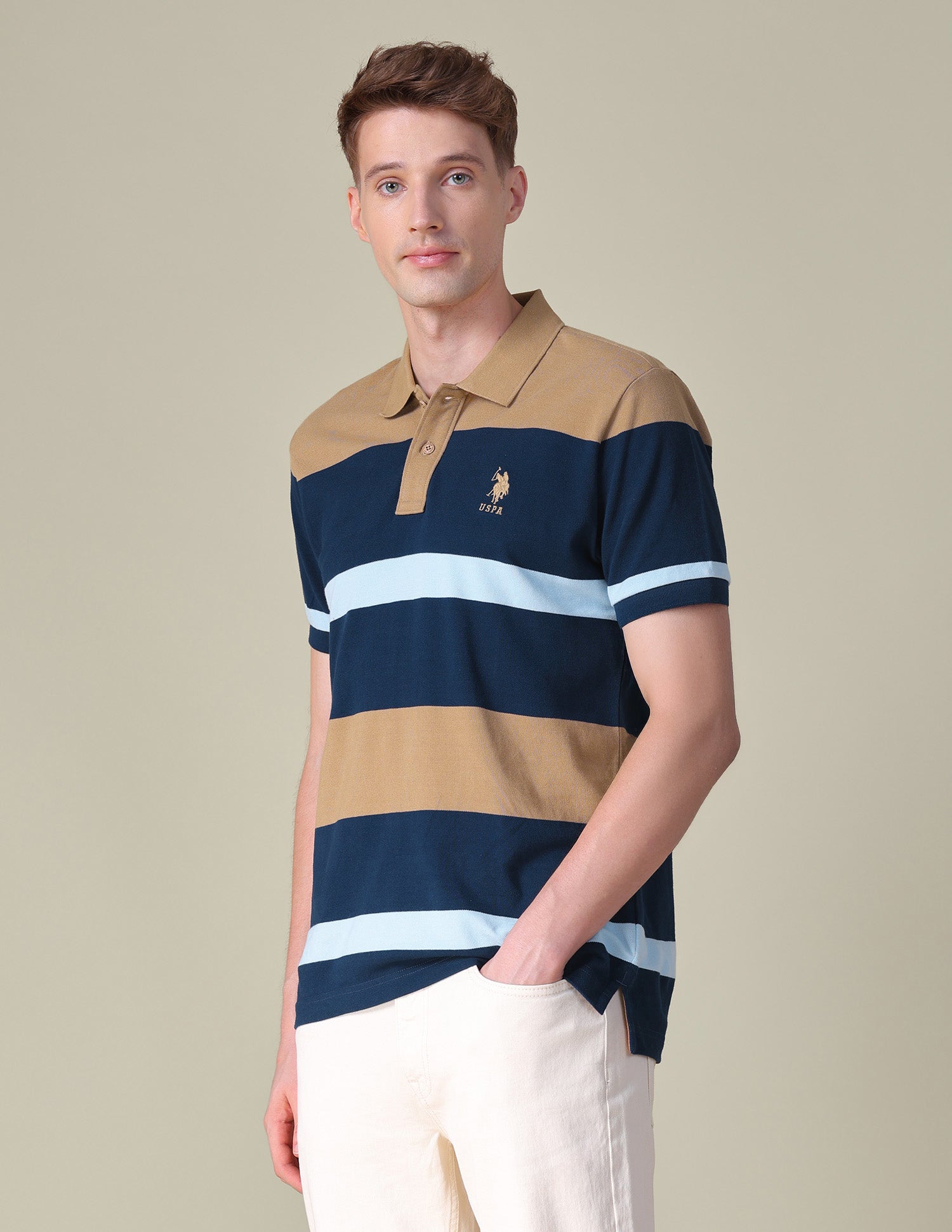 Colorblocked Boxy Fit Polo Shirt Beige - U.S. POLO ASSN. | Large
