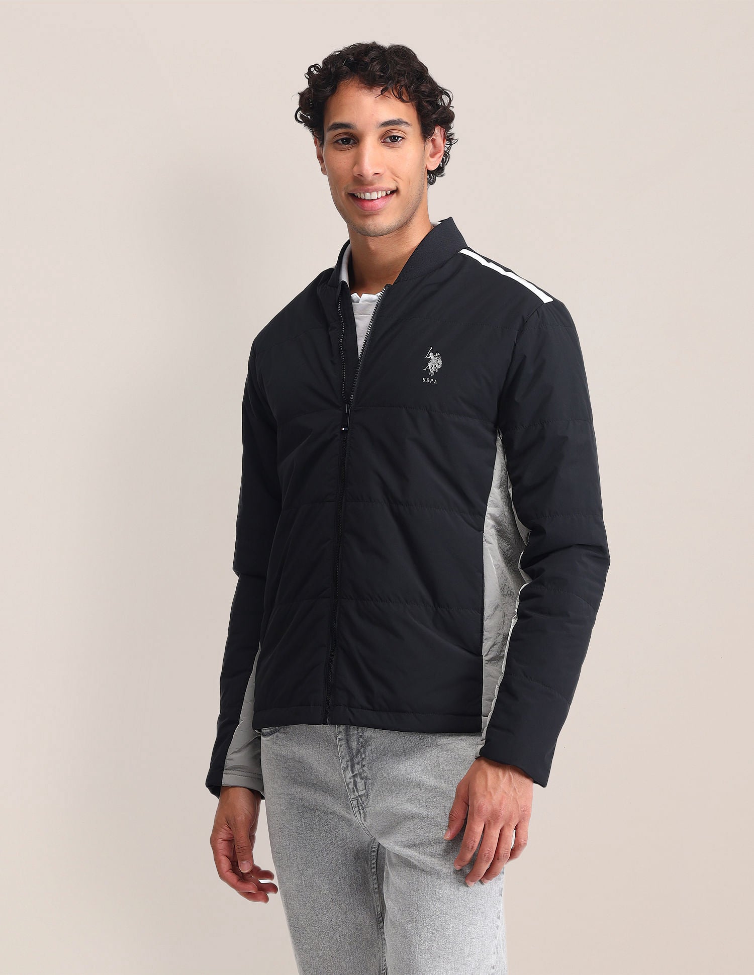 Regular Fit Solid Bomber Jacket Black - U.S. Polo Assn. India | Large