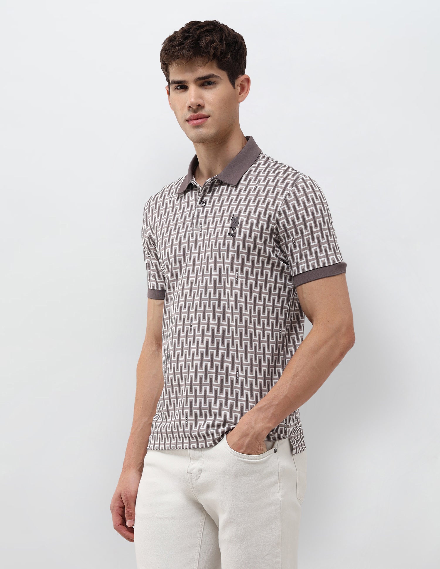 Geometric Printed Muscle Fit Polo Shirt Light Khaki - U.S. Polo Assn. India | Large