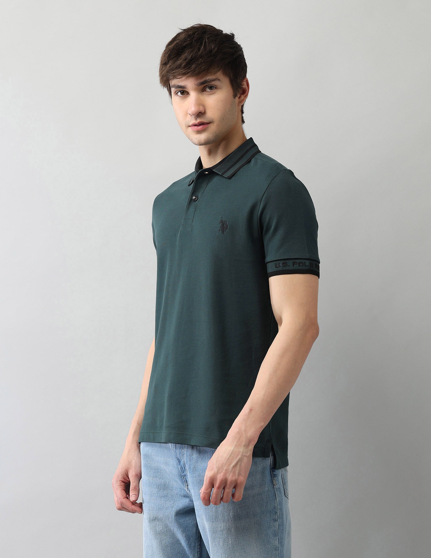 Solid Pure Cotton Black Label Polo Shirt Dark Green - U.S. Polo Assn. India | Large