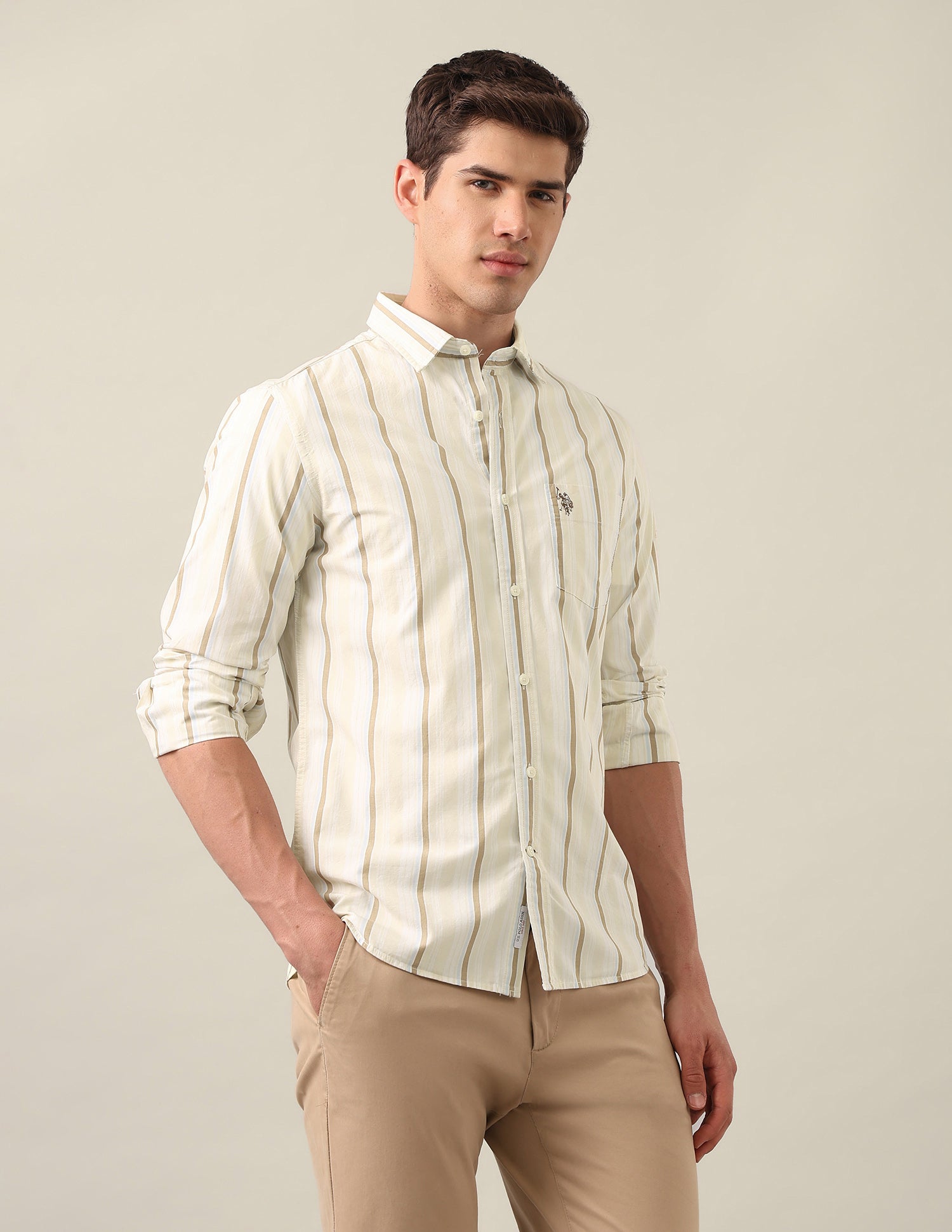 Tailored Fit Vertical Striped Shirt Beige - U.S. Polo Assn. India | Large