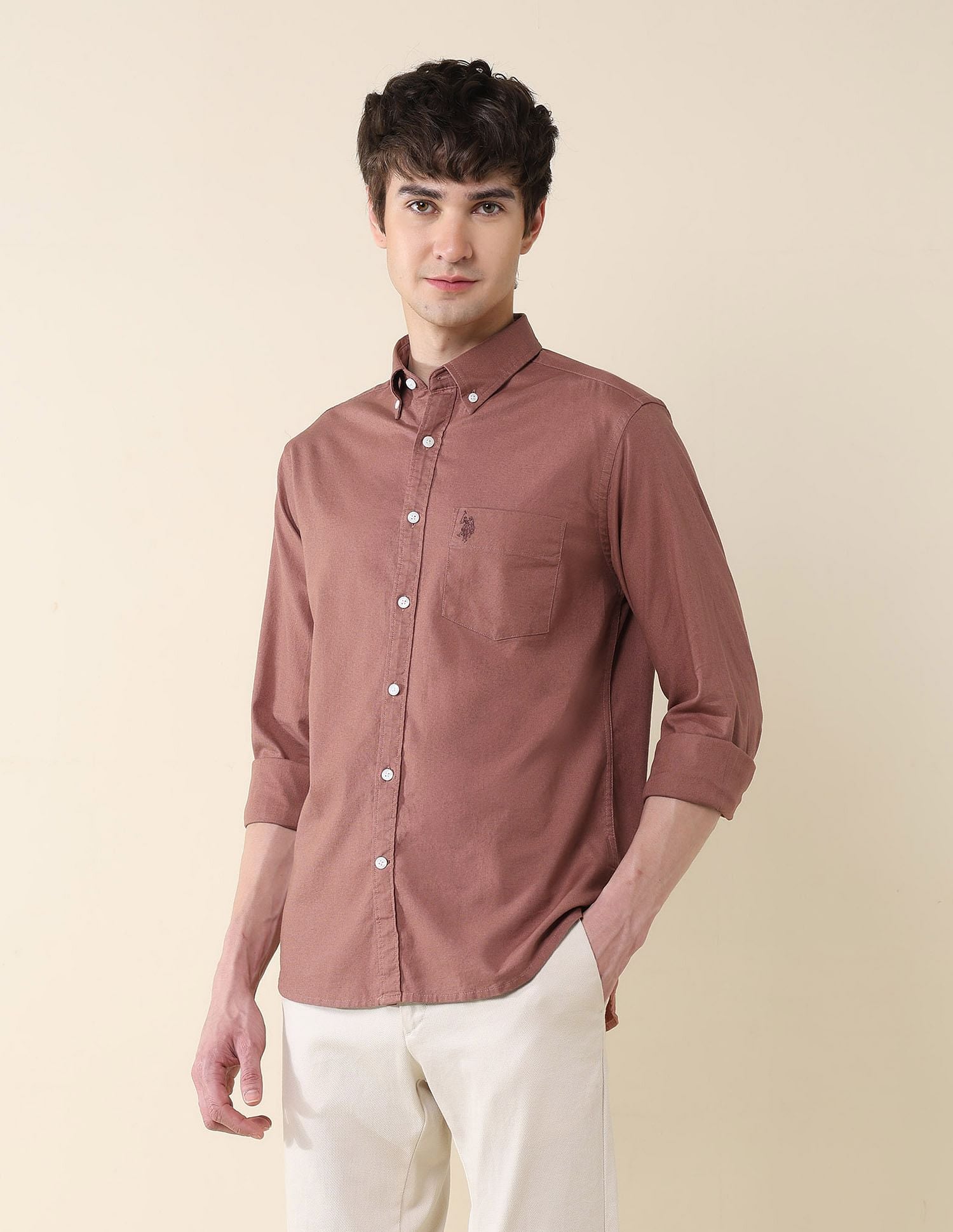 Solid Oxford Stretch Button Down Shirt Light Red - U.S. Polo Assn. India | Large