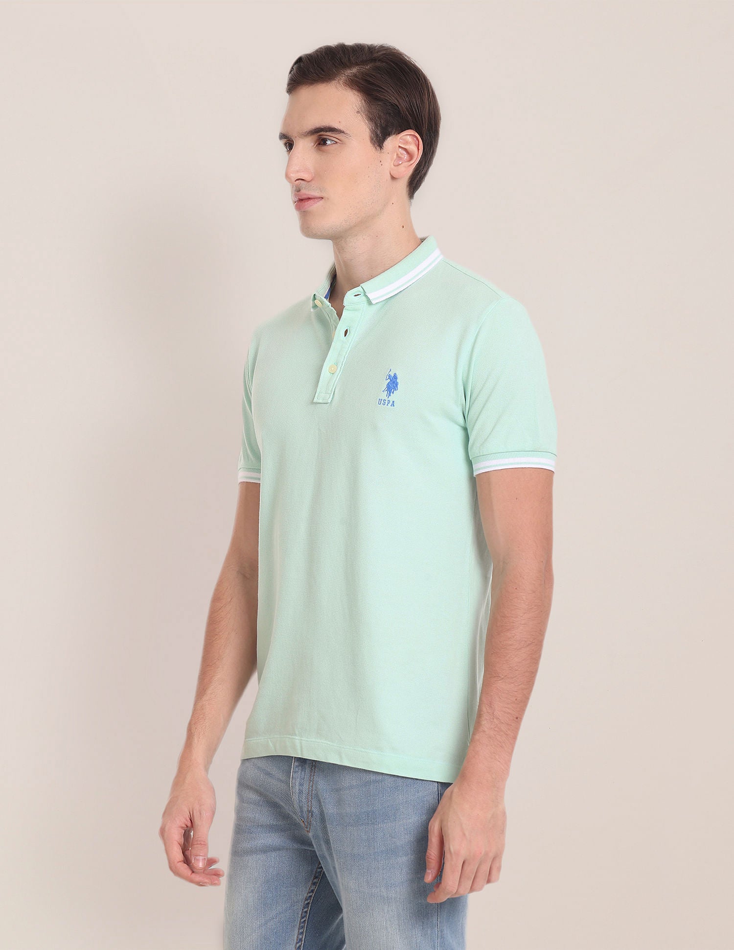 Iconic Striped Collar Polo Shirt Light Green - U.S. Polo Assn. India | Large