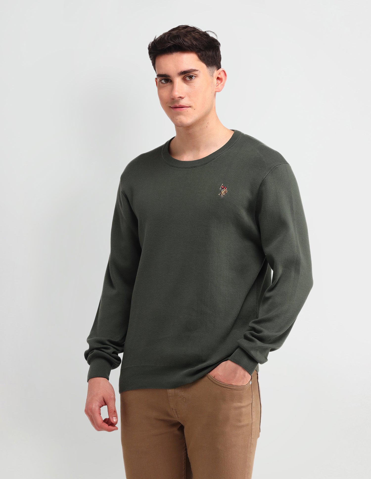Solid Regular Fit Sweater Olive - U.S. Polo Assn. India | Large