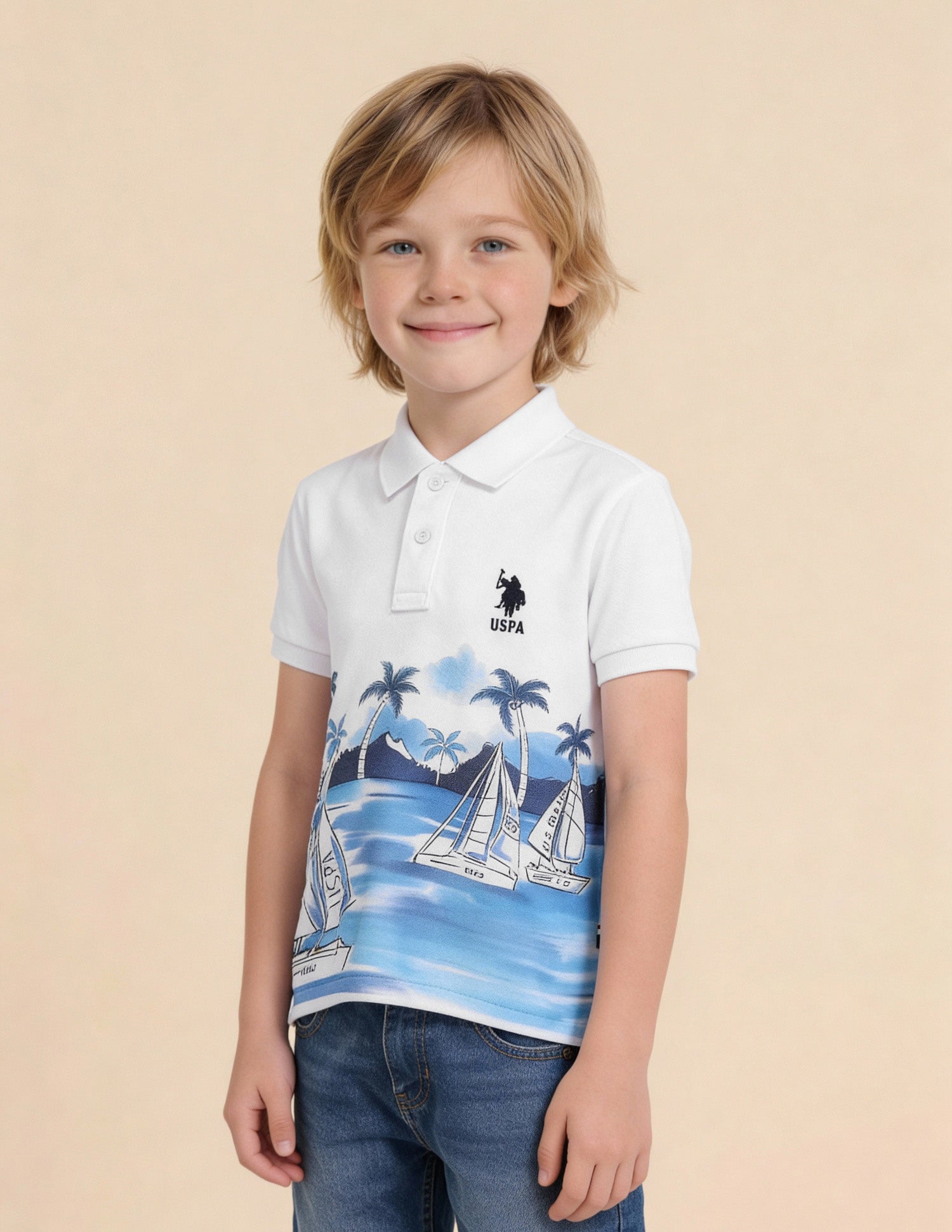 Boys Graphic Printed Regular Fit Polo Shirt White - U.S. Polo Assn. India | Large