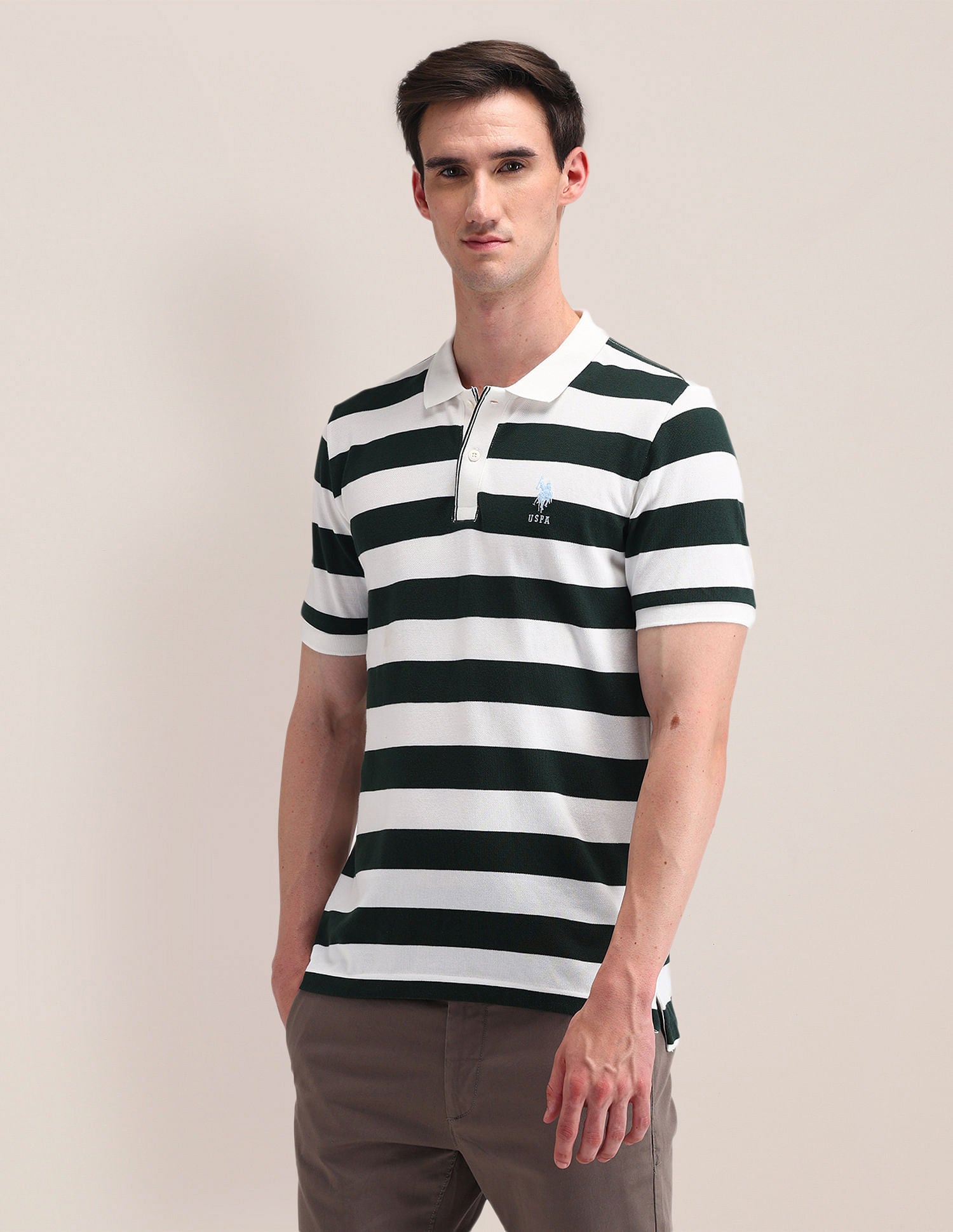 Slim Fit Horizontal Striped Polo Shirt Dark-Green - U.S. Polo Assn. India | Large