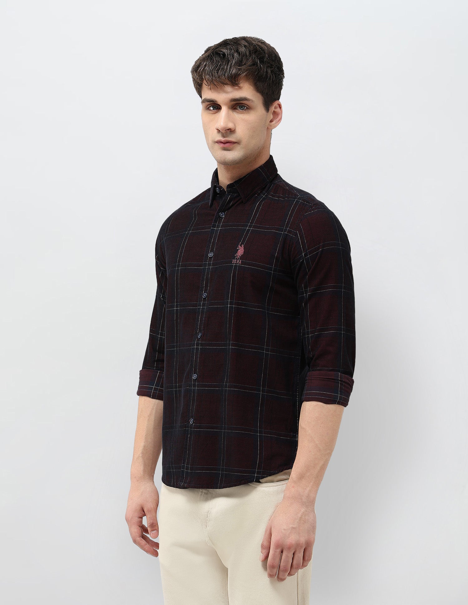 Grid Tattersall Checked Corduroy Shirt Wine - U.S. POLO ASSN. | Large