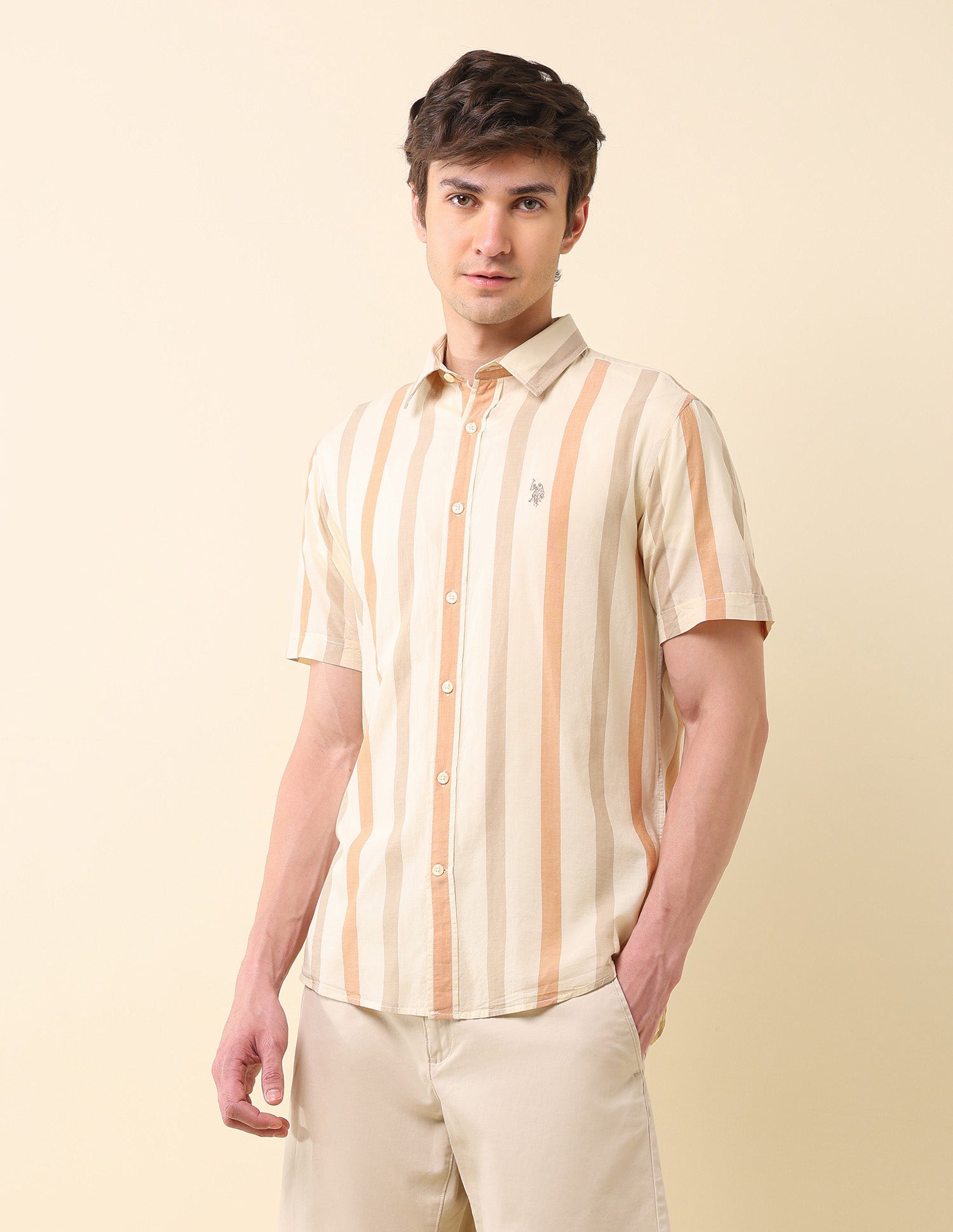 Vertical Striped Poplin Shirt Light Beige - U.S. Polo Assn. India | Large