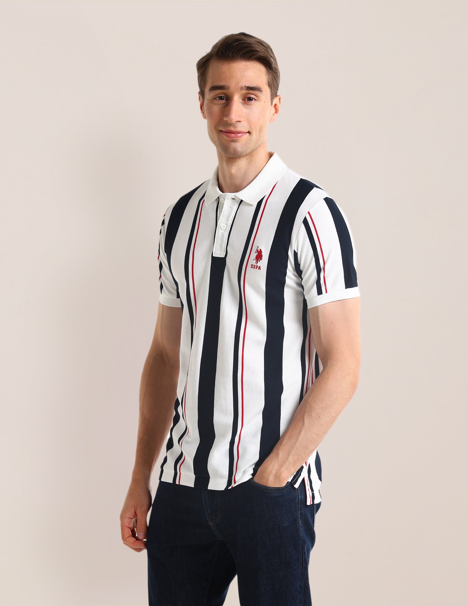 Vertical Striped Slim Fit Polo Shirt White - U.S. POLO ASSN. | Large