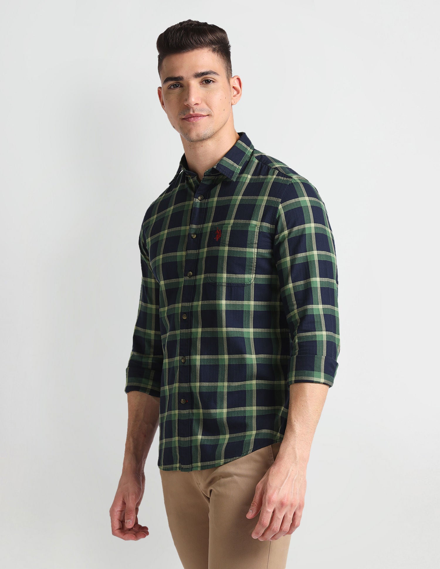 Tartan Check Herringbone Shirt Green and Navy - U.S. Polo Assn. India | Large