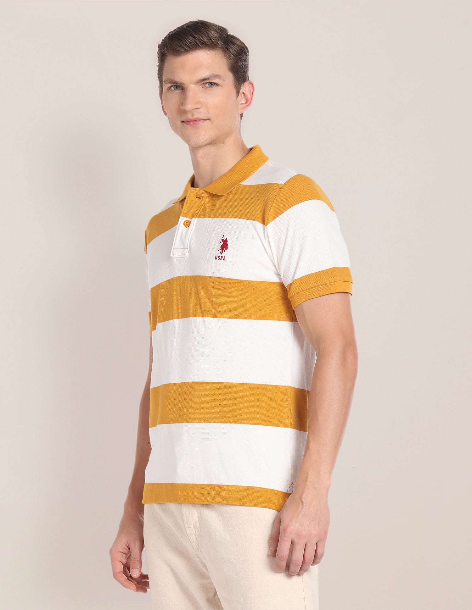 Horizontal Stripe Cotton Polo Shirt Mustard and Off White - U.S. POLO ASSN. | Large