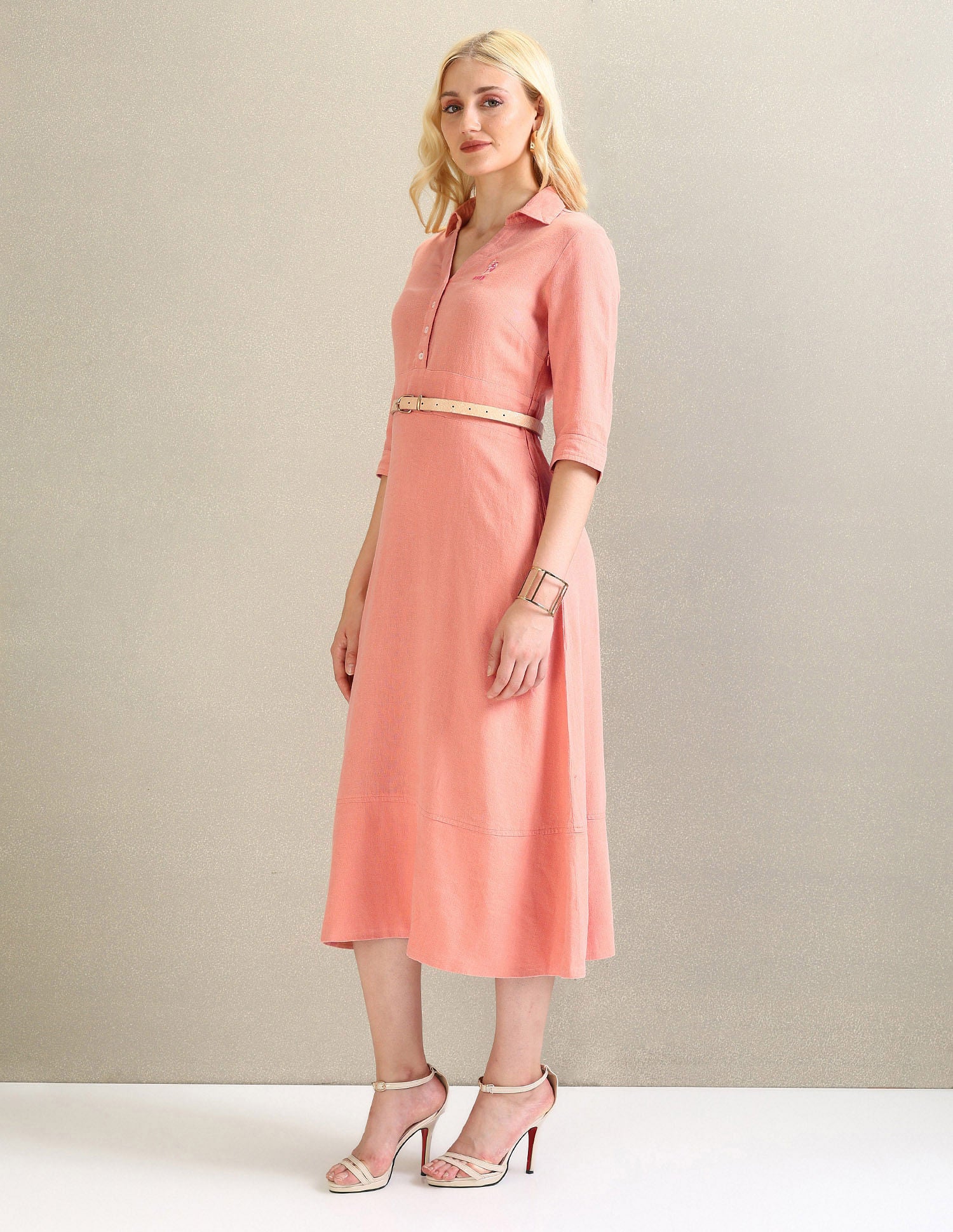 Solid Linen Viscose A-Line Dress Coral - U.S. Polo Assn. India | Large