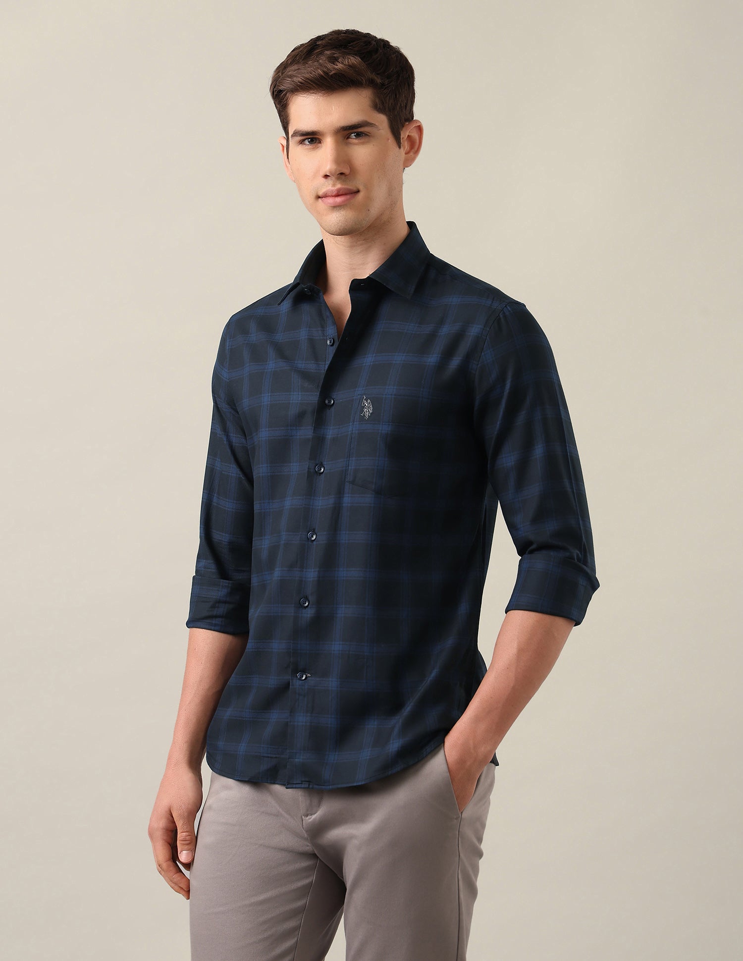 Tailored Fit Grid Tattersall Checked Shirt Navy - U.S. Polo Assn. India | Large
