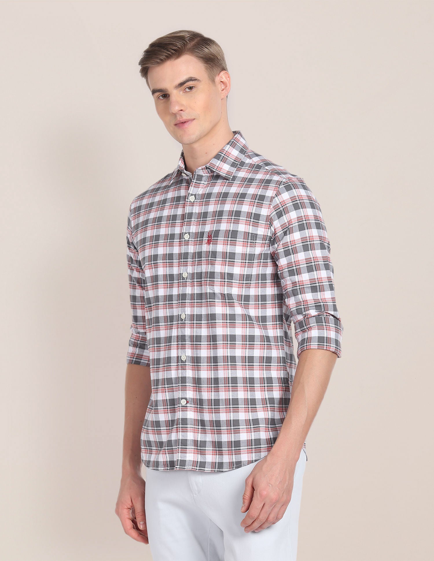 Tartan Check Cotton Shirt Grey and Rust - U.S. Polo Assn. India | Large