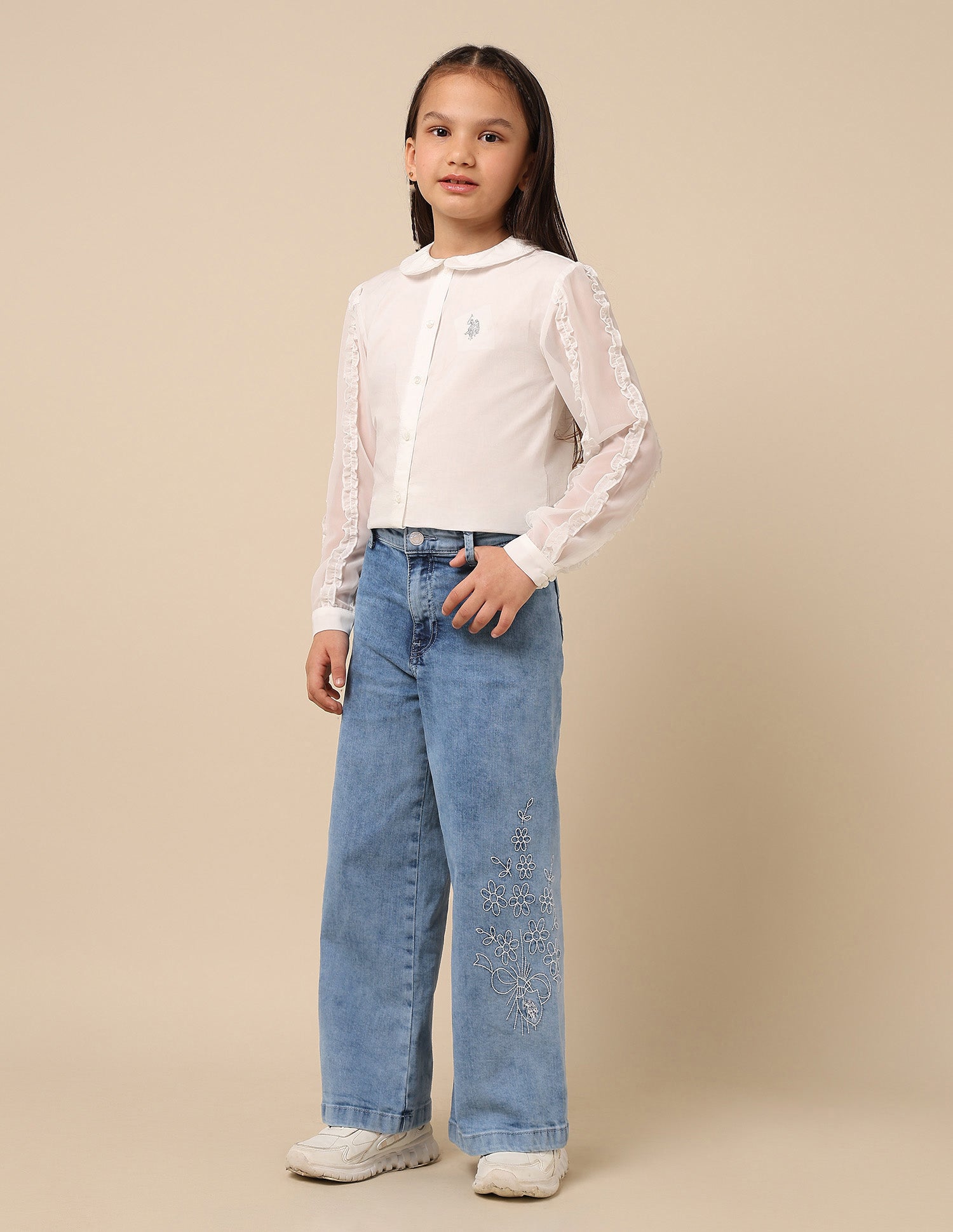 Girls Stone Washed Wide Leg Fit Jeans Blue - U.S. POLO ASSN. | Large