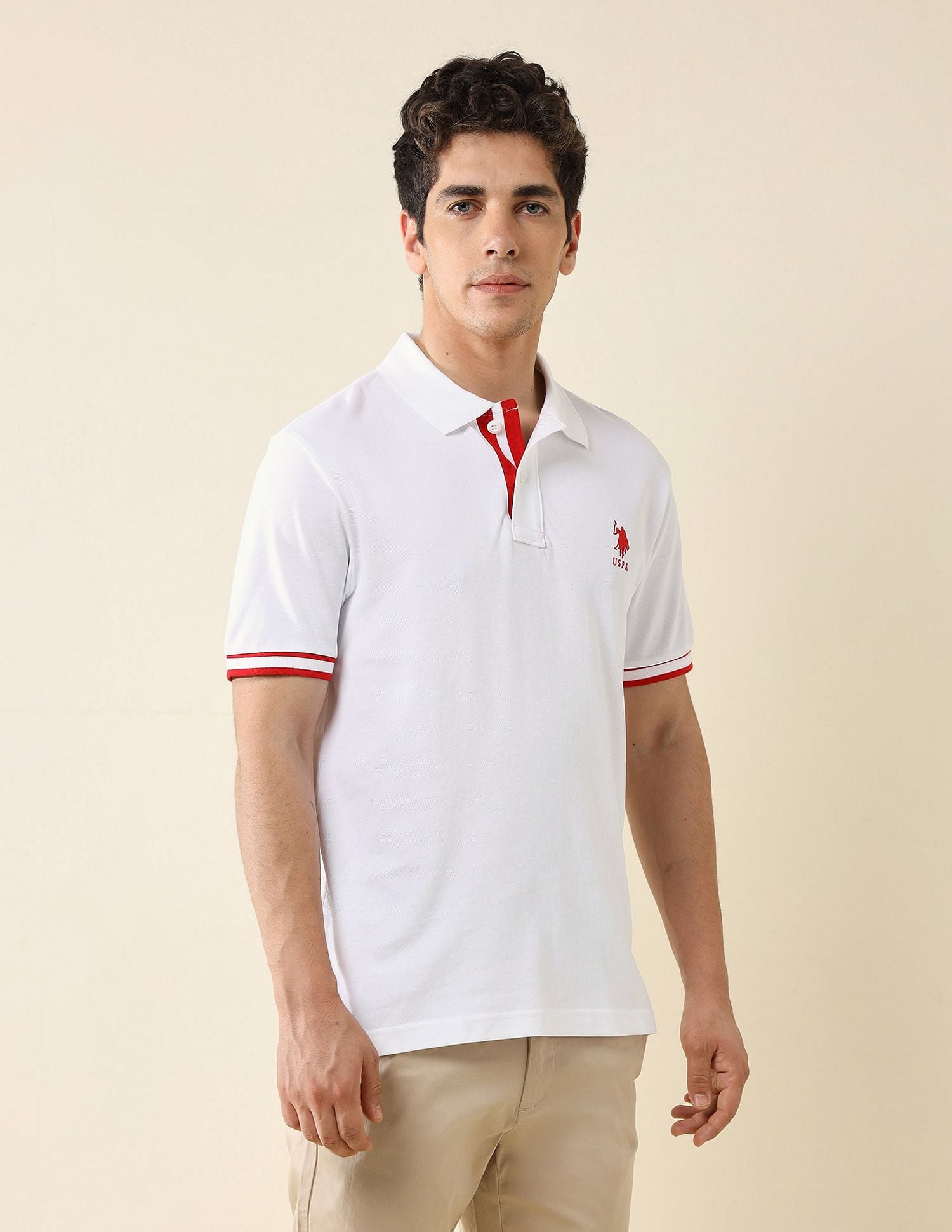 Striped Placket Slim Fit Polo Shirt White - U.S. Polo Assn. India | Large