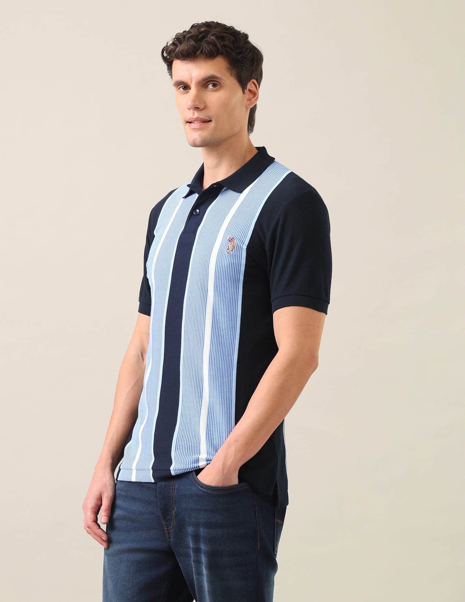 Colourblocked Vertical Striped Slim Fit Polo Shirt Navy - U.S. Polo Assn. India | Large